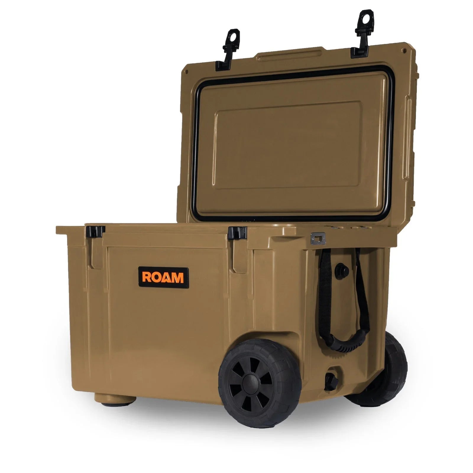 Desert tan rolling hard storage case with wheels and open lid for overlanding gear