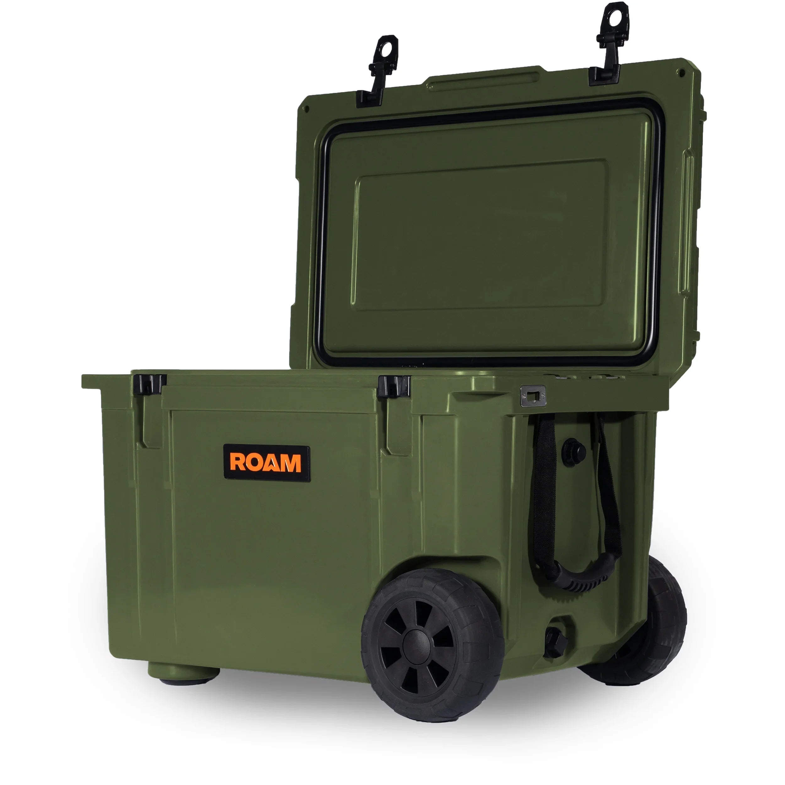 Olive green 80L rolling hard case cooler for overlanding and camping, open lid, rugged wheels