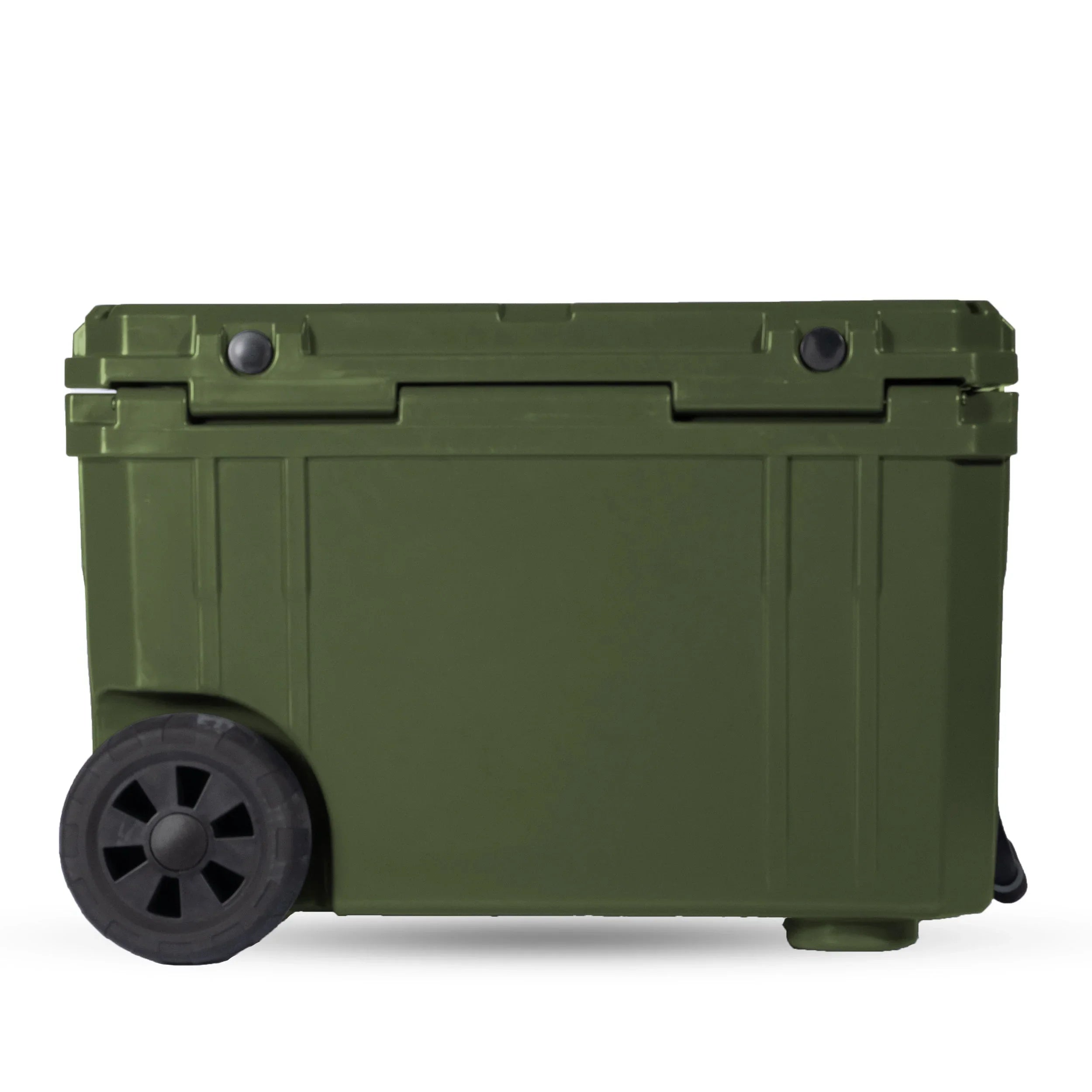 80L olive green rolling storage box with black wheels for overlanding and camping gear