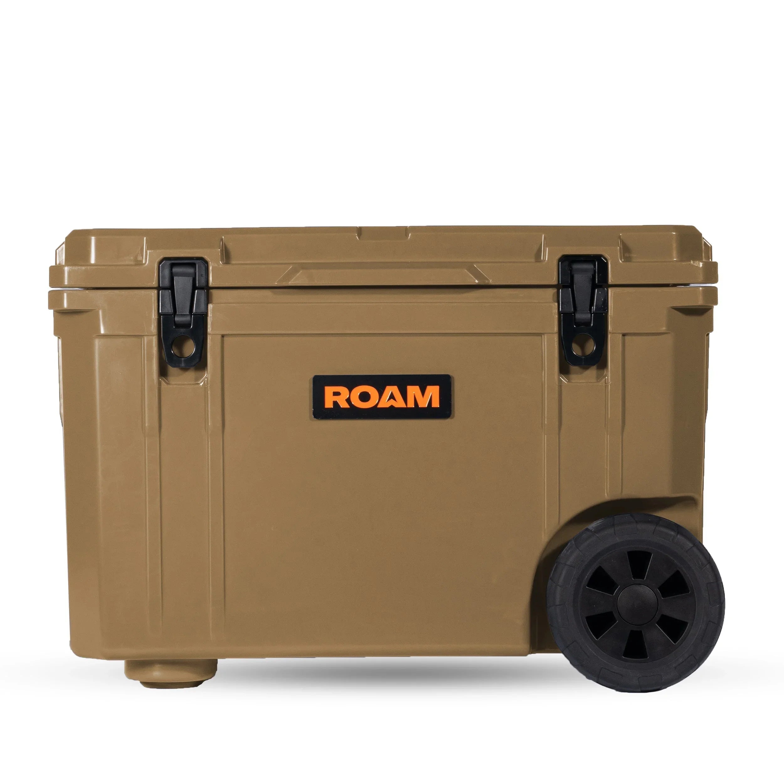 Desert tan rolling hard cooler with wheels, front latches, and ROAM logo for overlanding gear