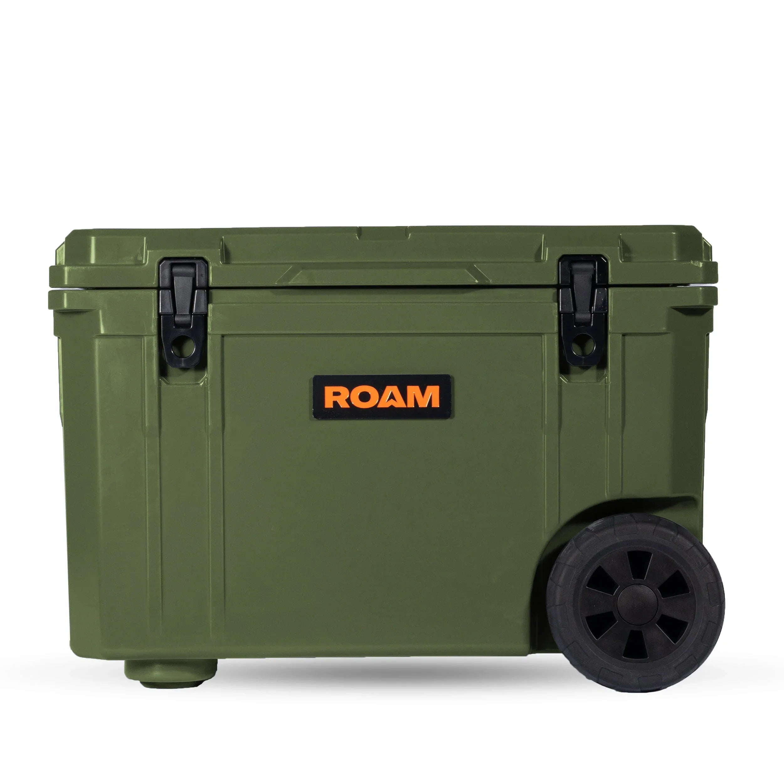 Olive green rolling hard cooler with wheels and black latches, ideal for overlanding gear