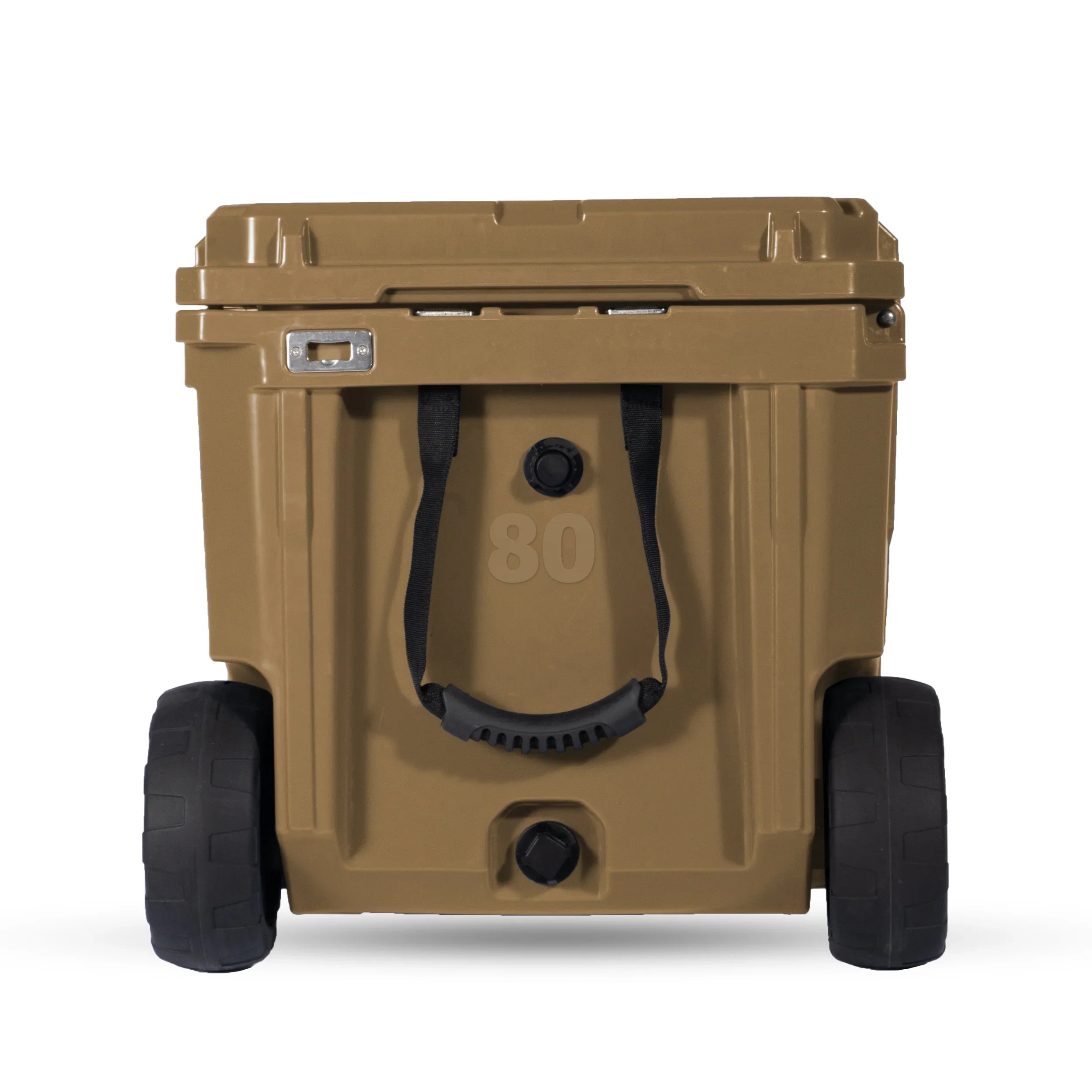 Desert tan 80L rolling cooler with heavy-duty wheels and side handle for overlanding