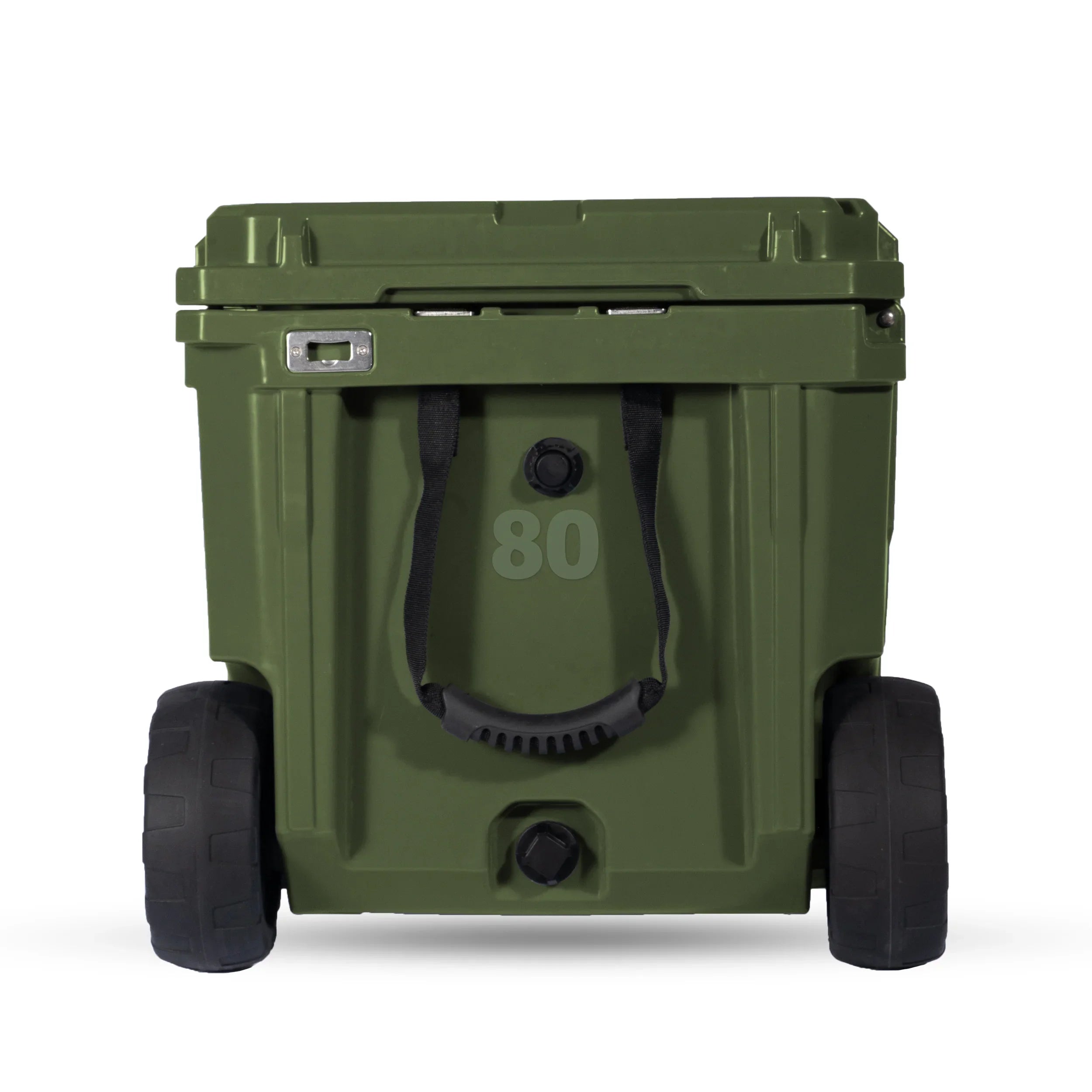 OD green 80L rolling cooler with wheels and heavy-duty handle for camping and overlanding