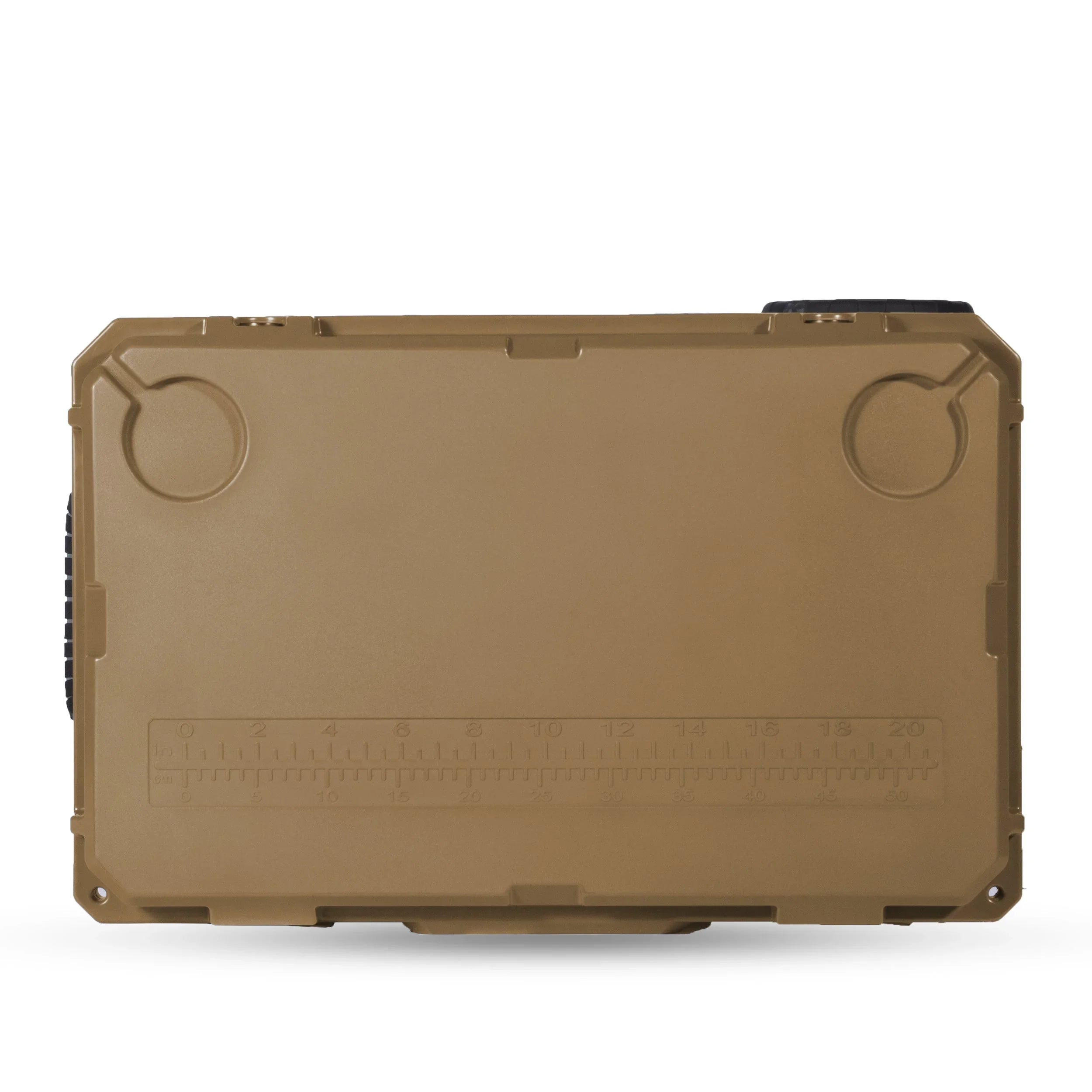 Desert tan 80L rolling storage box with built-in ruler for overlanding gear
