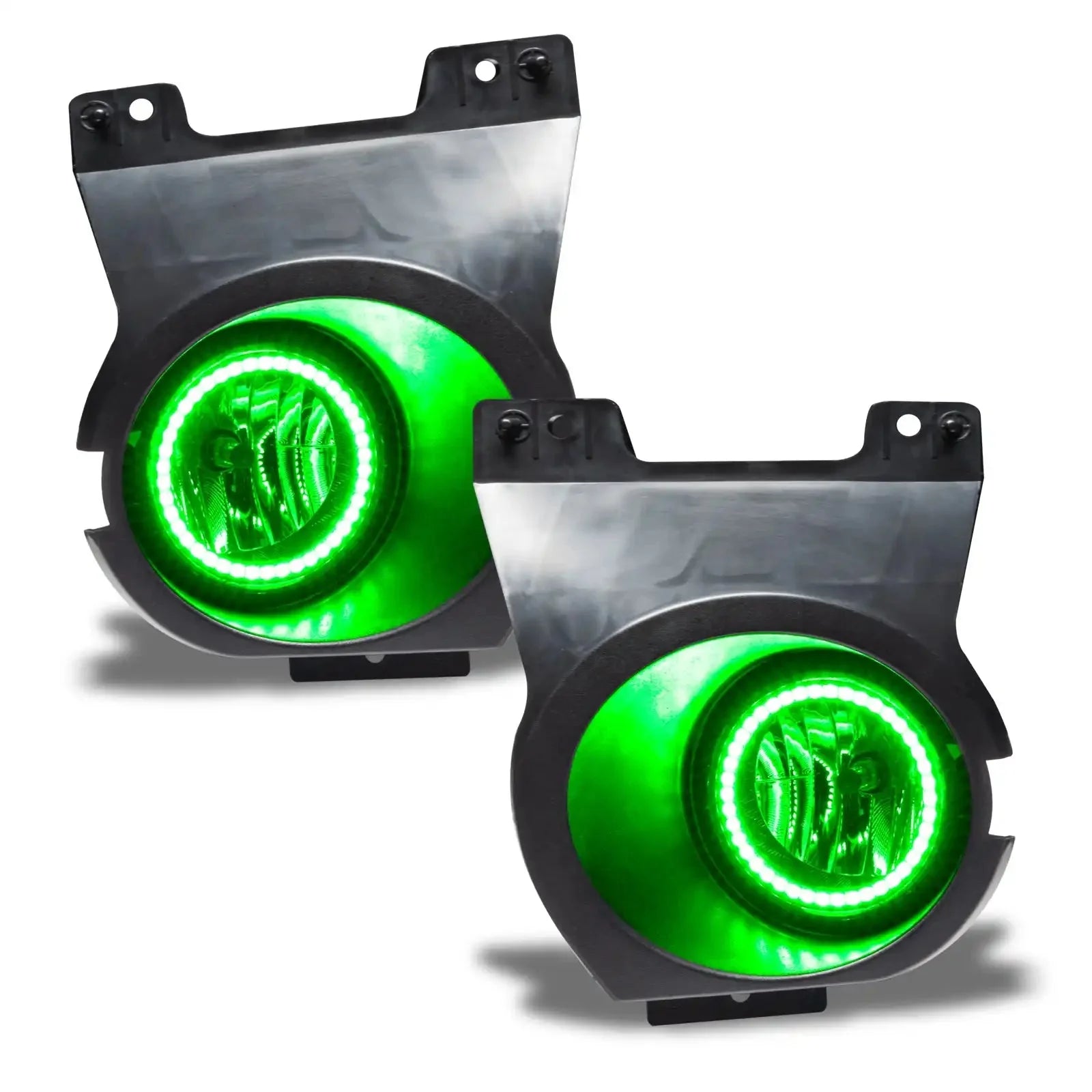Pair of green halo LED fog lights for off-road vehicles or trucks, isolated on white background