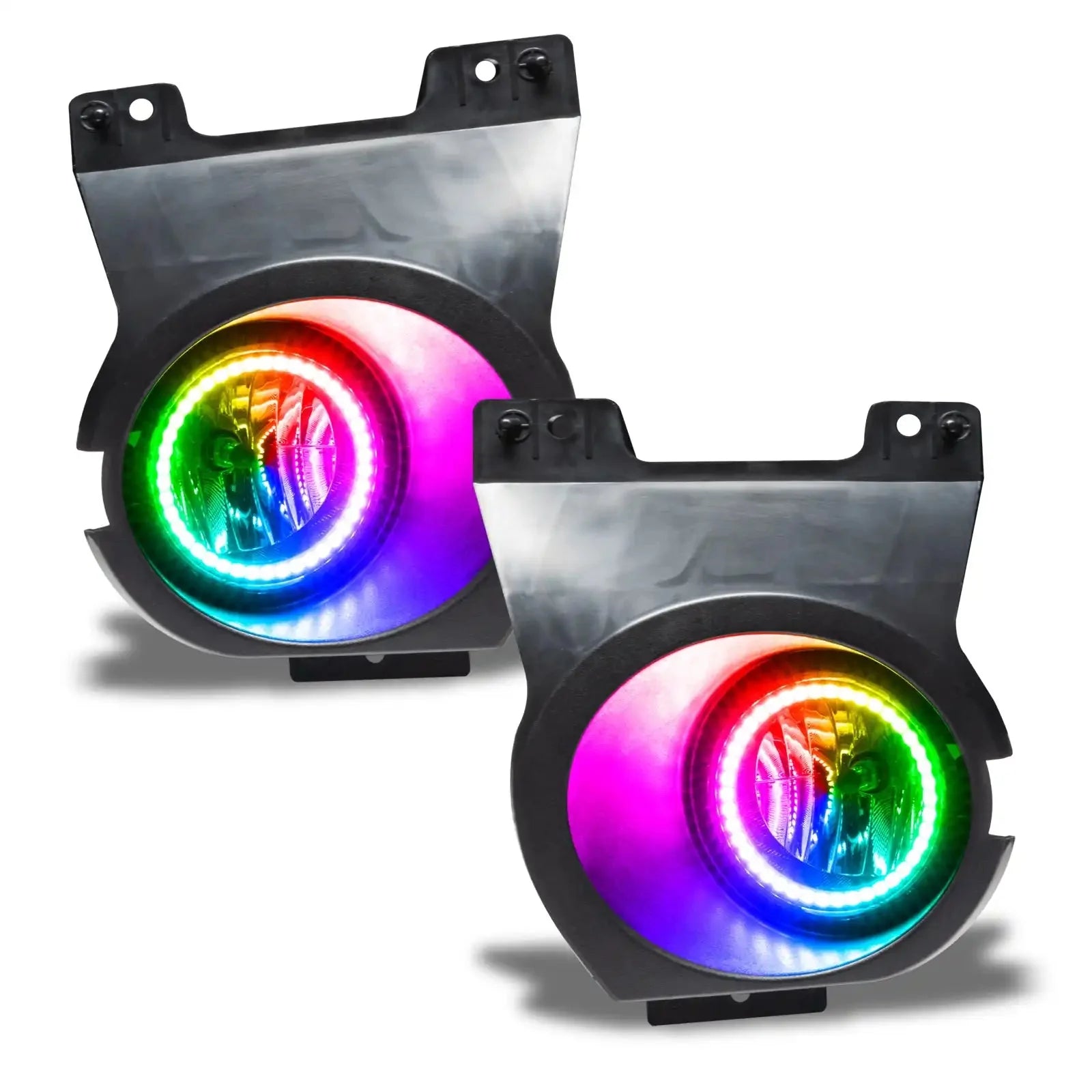 Pair of RGB LED halo fog lights for off-road vehicles, black housing, on white background