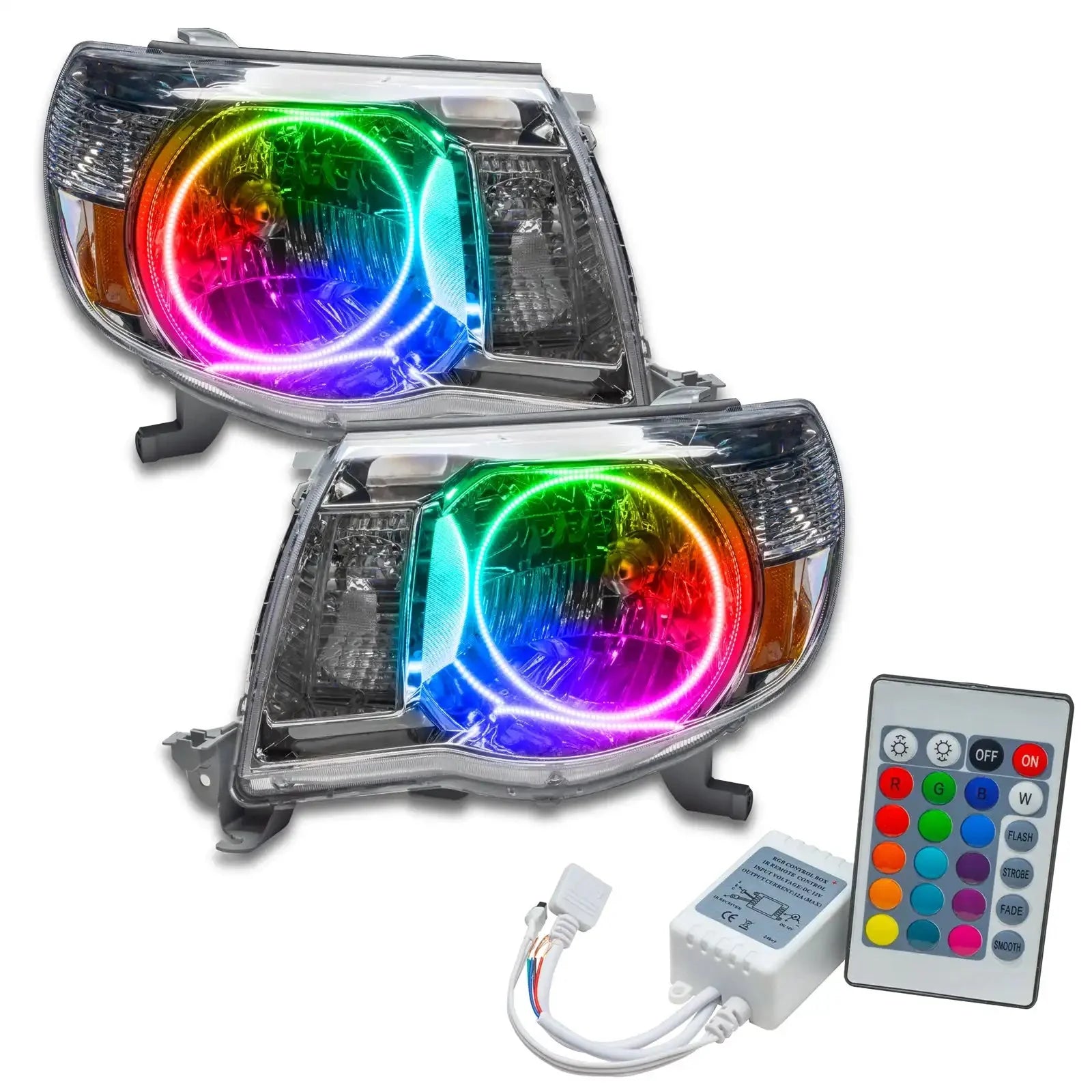 Pair of LED RGB halo headlights for Toyota Tacoma with remote control and wiring