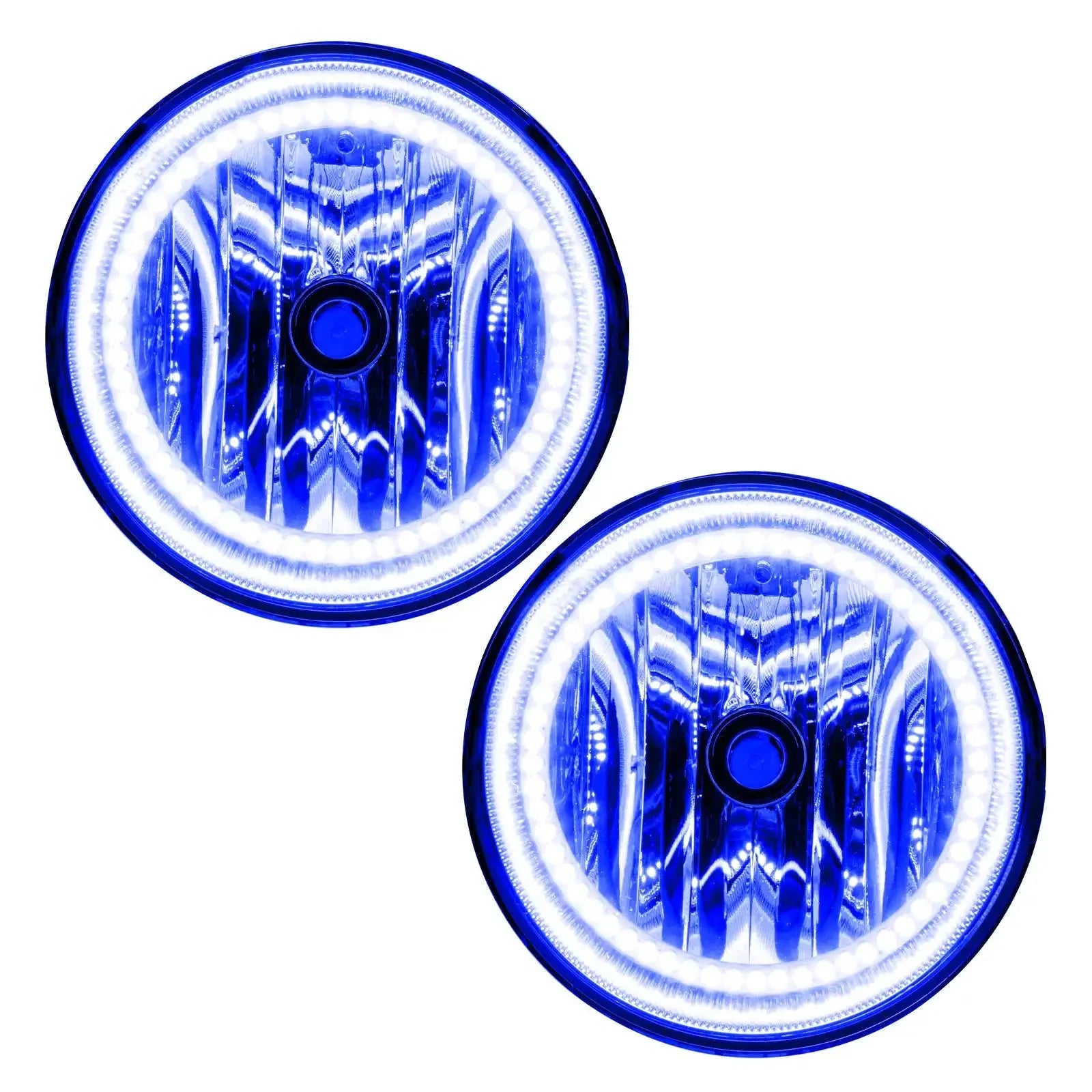 Pair of round LED halo headlights with blue lenses for off-road vehicles