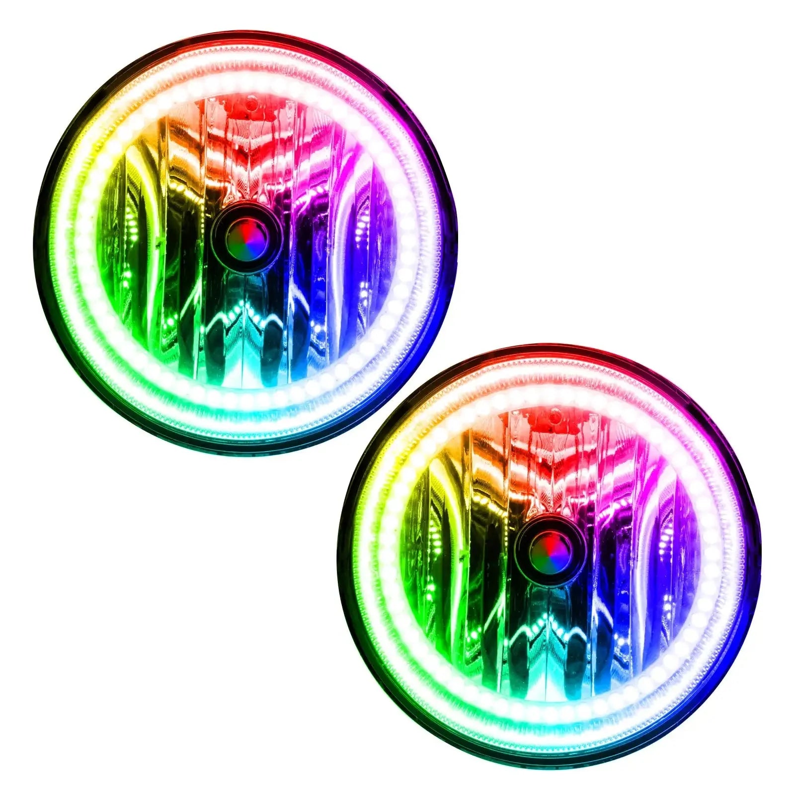 Pair of round LED RGB halo headlights with multicolor lighting, suitable for off-road vehicles.
