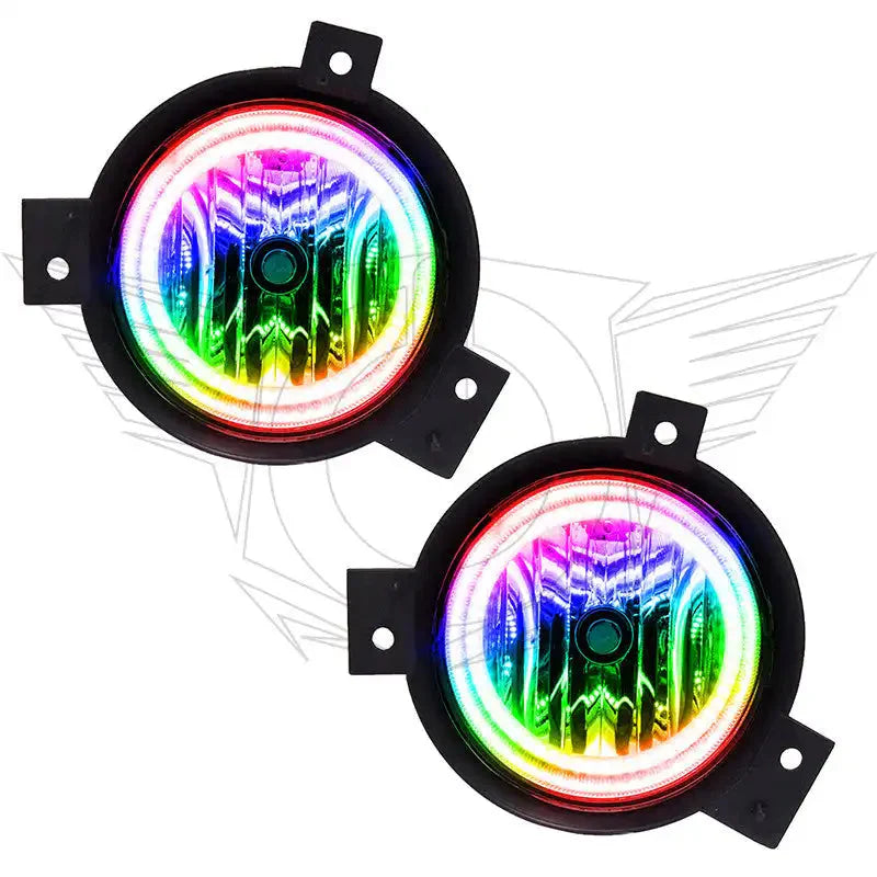 Pair of round RGB LED fog lights with colorful halo rings for off-road vehicles