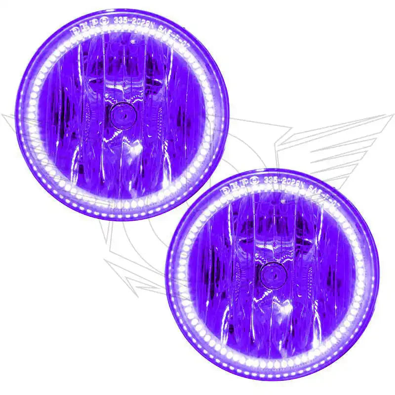 Pair of round off-road LED headlights with purple tint and white halo rings