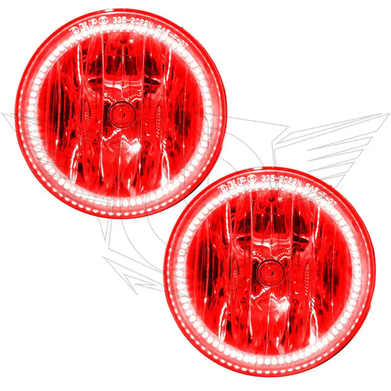 Pair of round red LED vehicle tail lights with circular lens detail