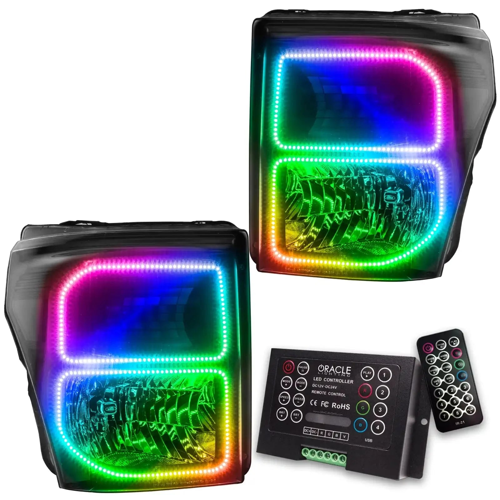 RGB LED halo headlights with controller and remote for off-road vehicles