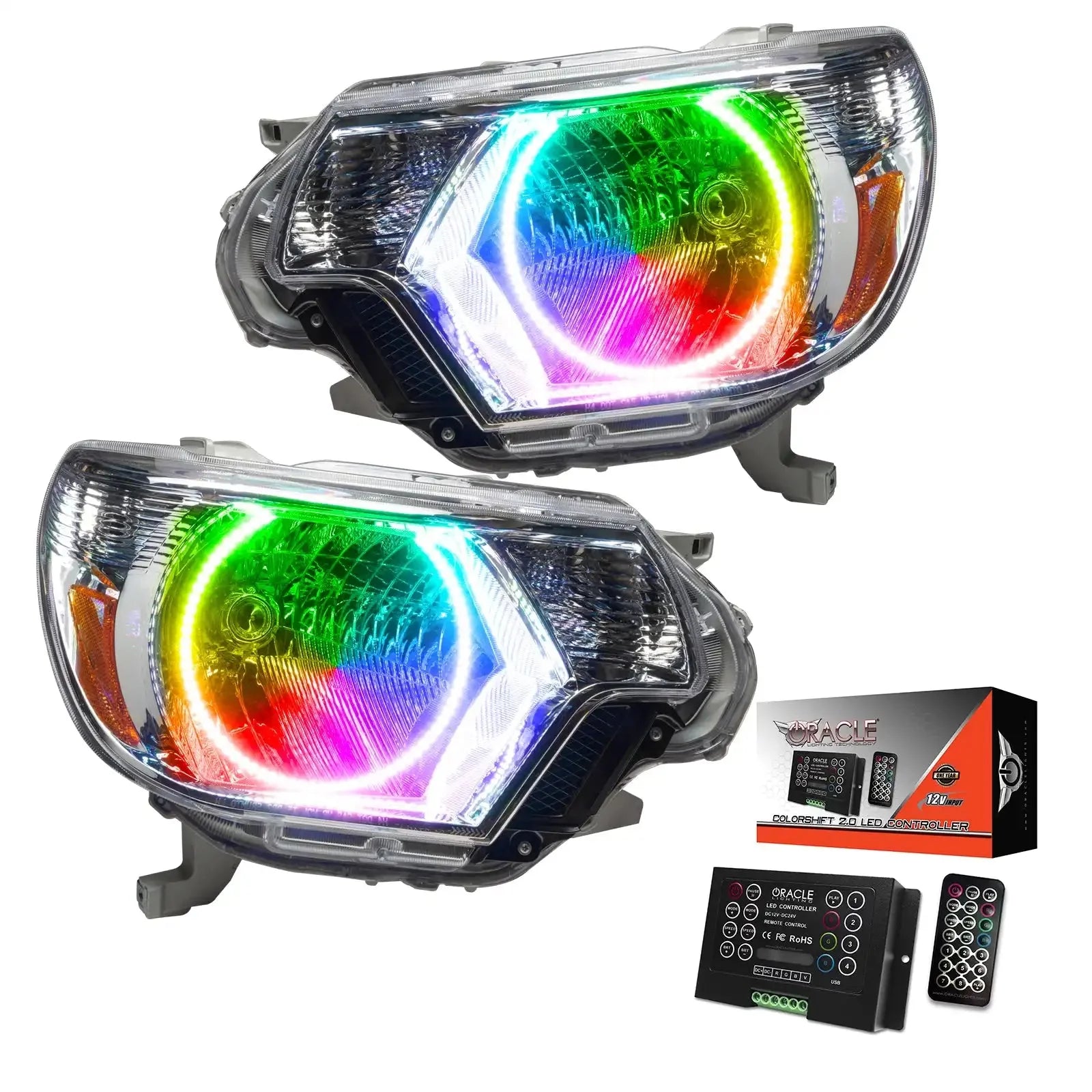 Pair of multi-color RGB LED headlights with remote controls for Toyota Tacoma, kit display