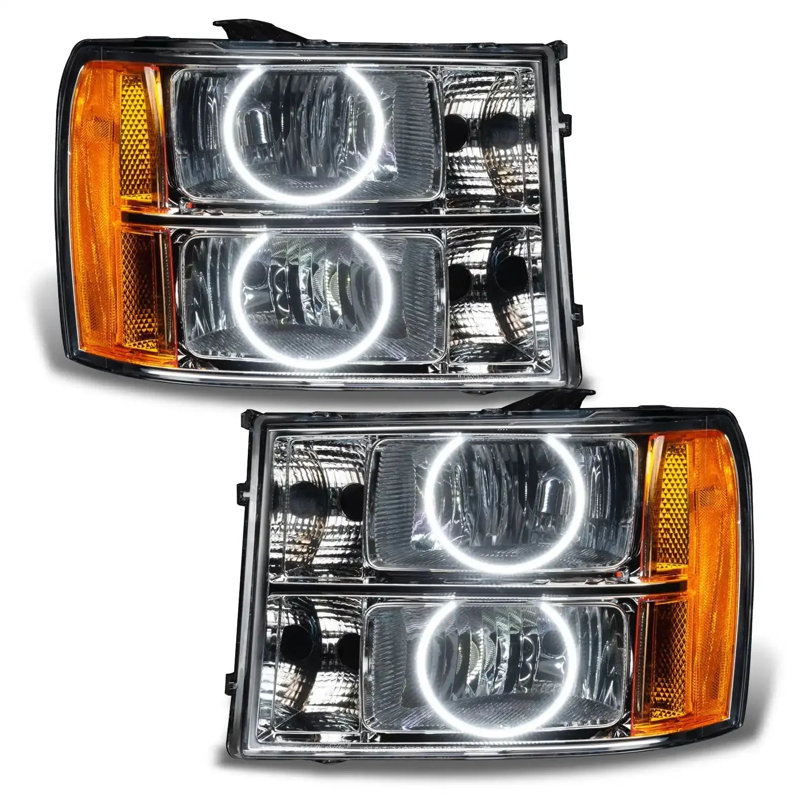 Pair of aftermarket LED halo projector headlights with amber corner lights for trucks or SUVs