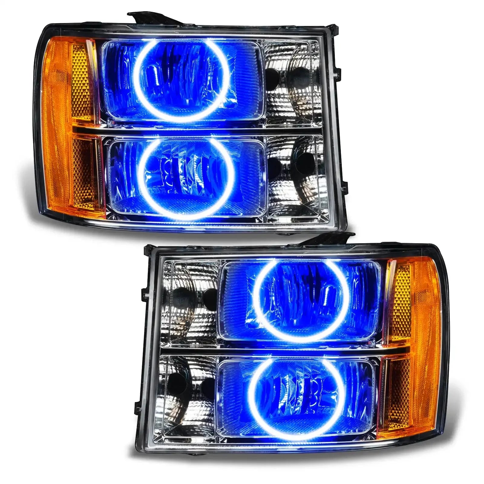 Pair of aftermarket LED halo projector headlights with blue lens and amber side accent