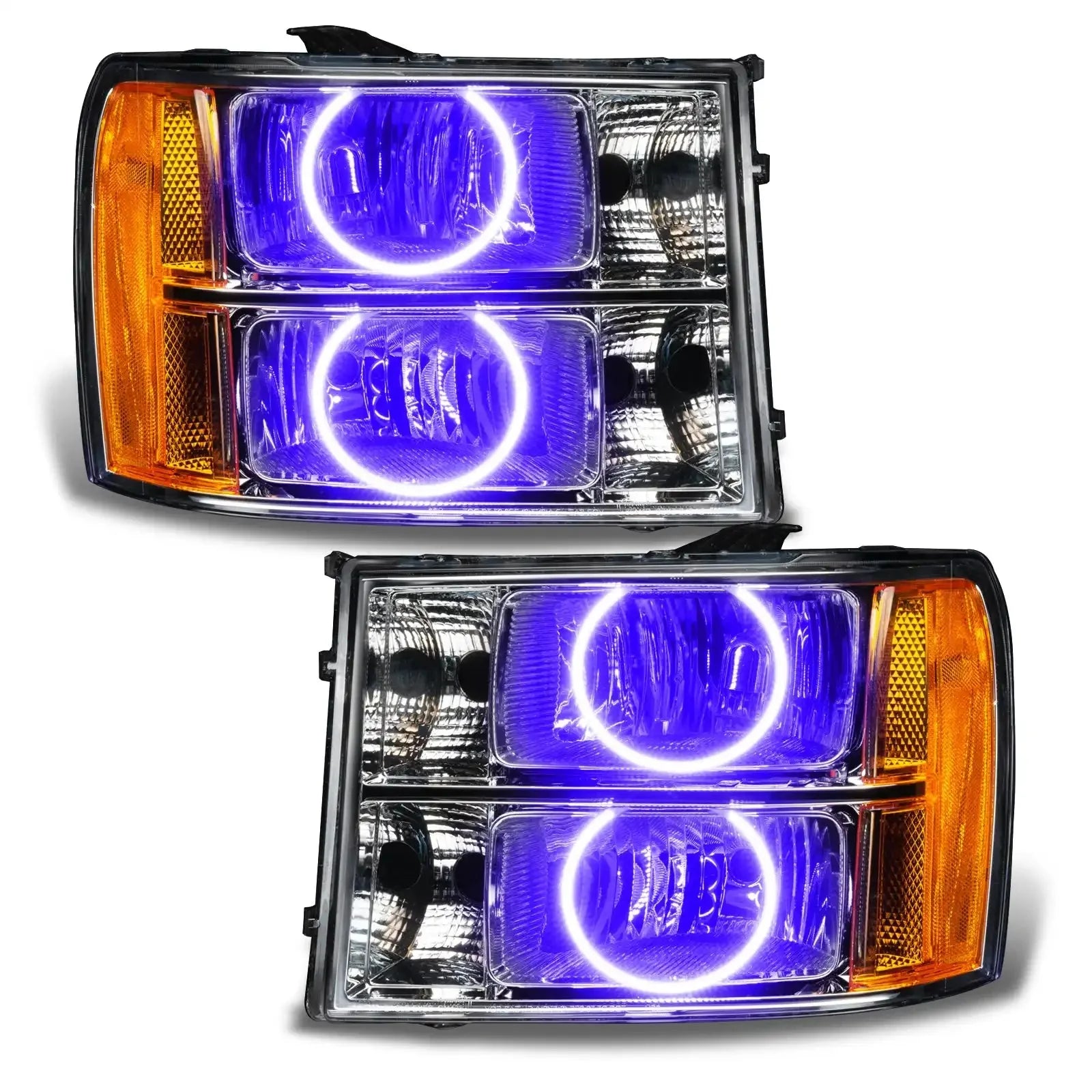 Pair of aftermarket LED halo projector headlights with blue inner lights and amber reflectors