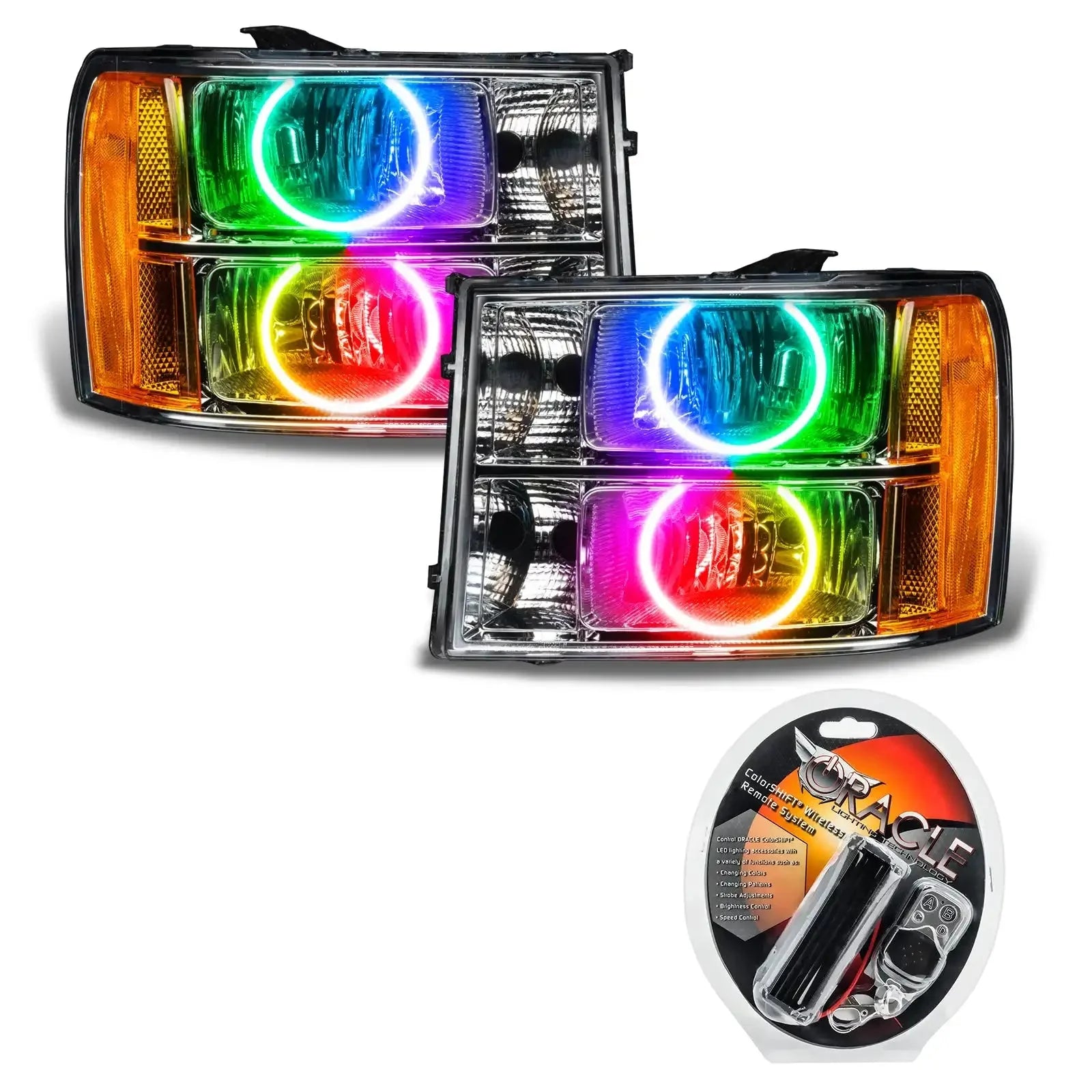 Pair of aftermarket truck headlights with multi-color halo rings and remote control kit