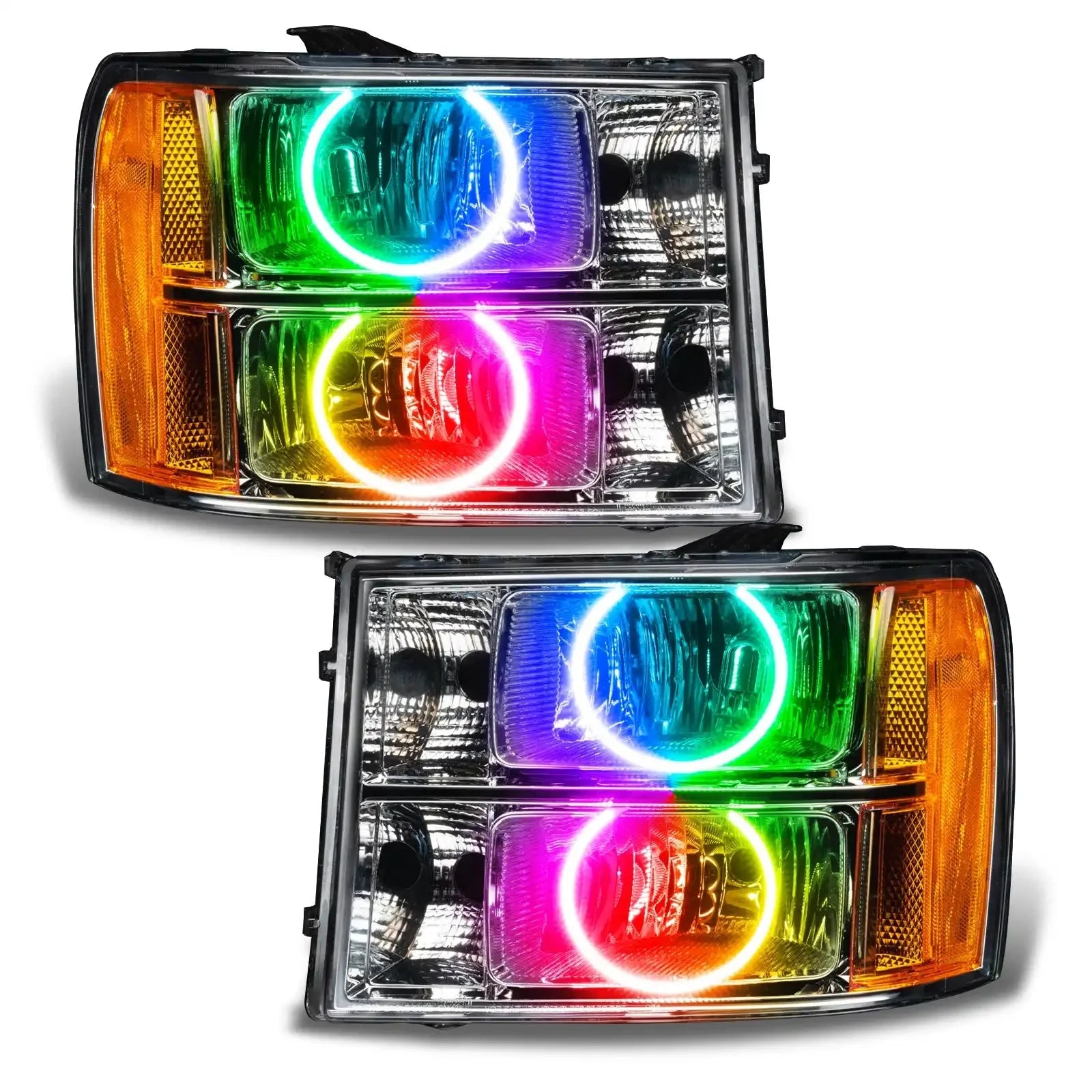 Pair of LED RGB halo projector headlights with colored rings for off-road trucks or SUVs