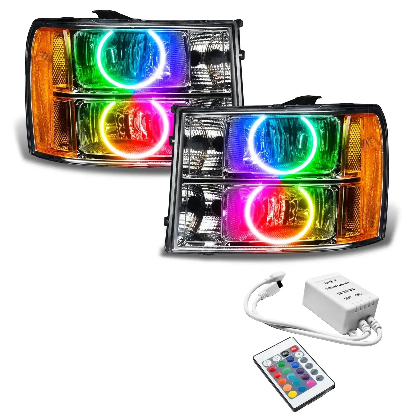Pair of multi-color LED halo headlights with remote control for off-road vehicles
