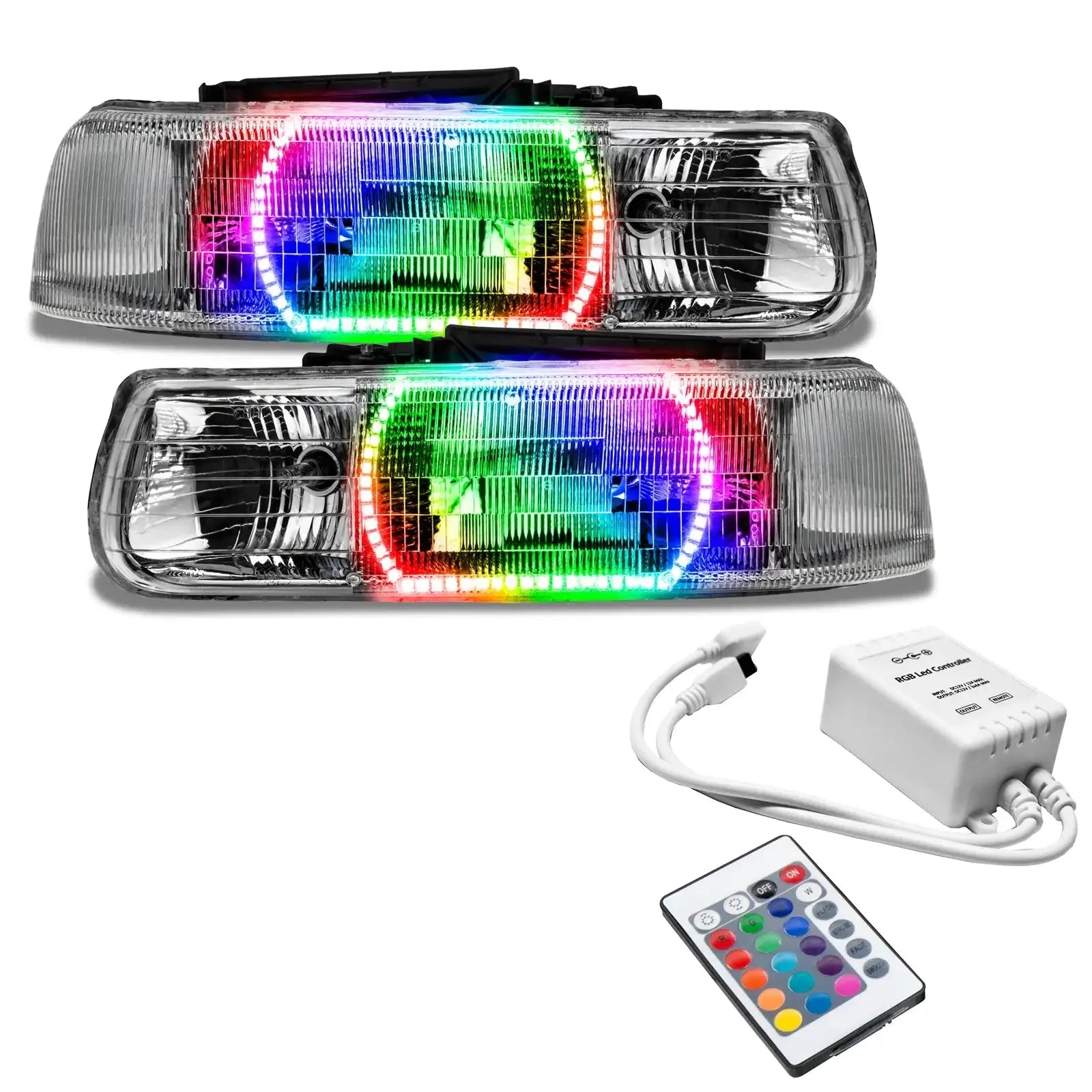 Pair of RGB LED halo headlights with remote control for off-road vehicles