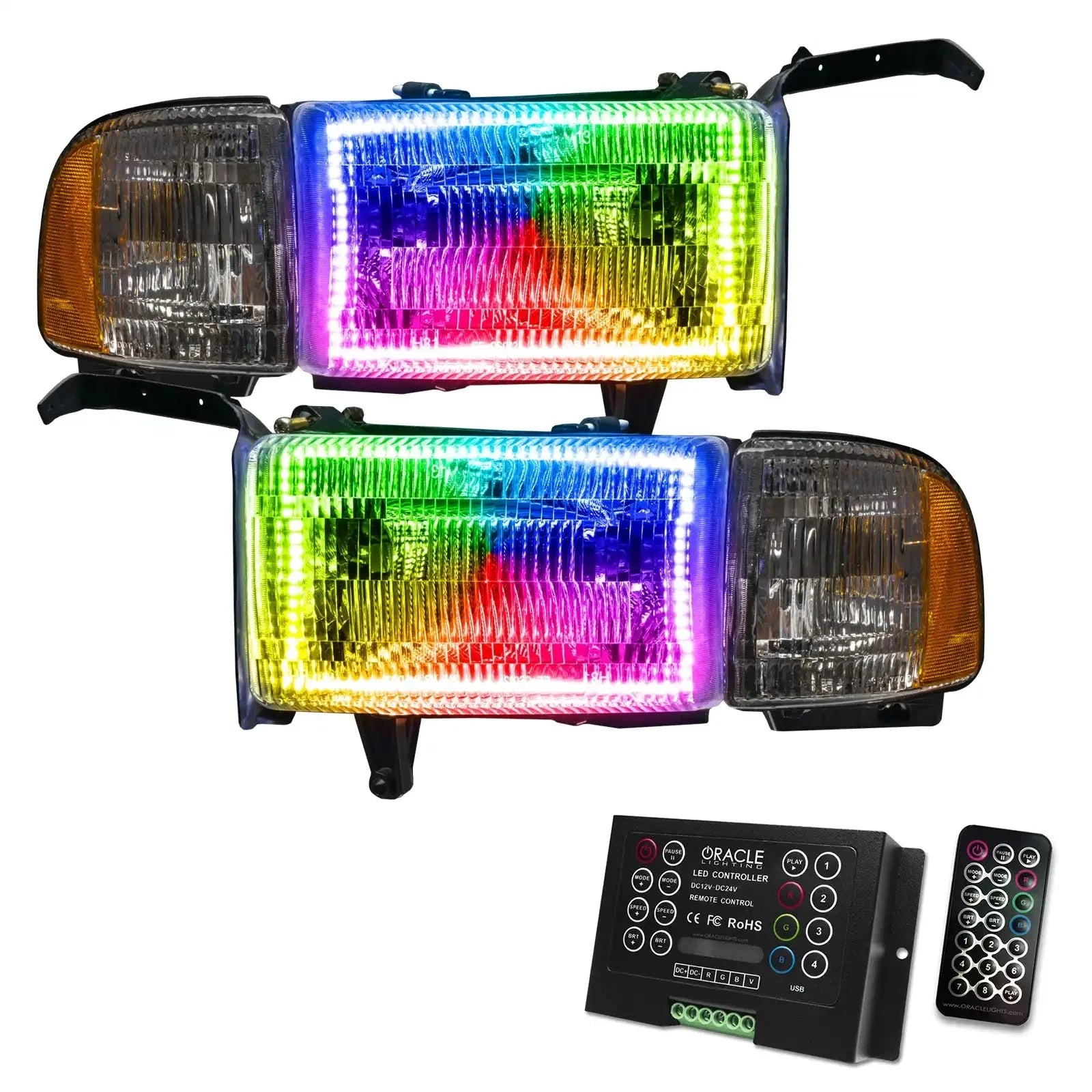 RGB LED headlight kit with controller and remote, fits overlanding vehicles like Toyota Tacoma