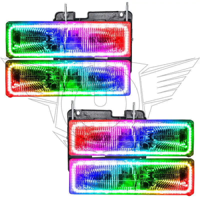 RGB LED front side marker lights for Toyota Tacoma, illuminated in multiple colors