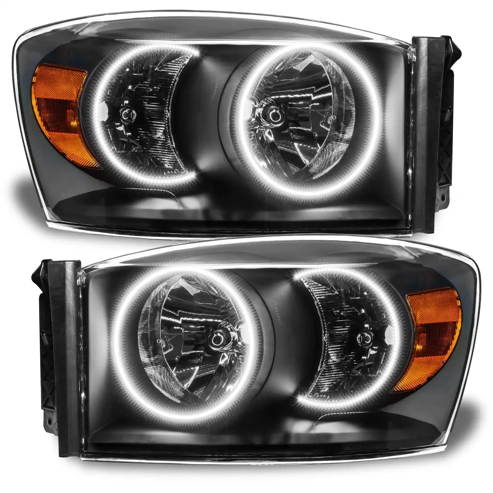 Pair of aftermarket projector headlights with LED halo rings and amber reflectors for trucks or SUVs