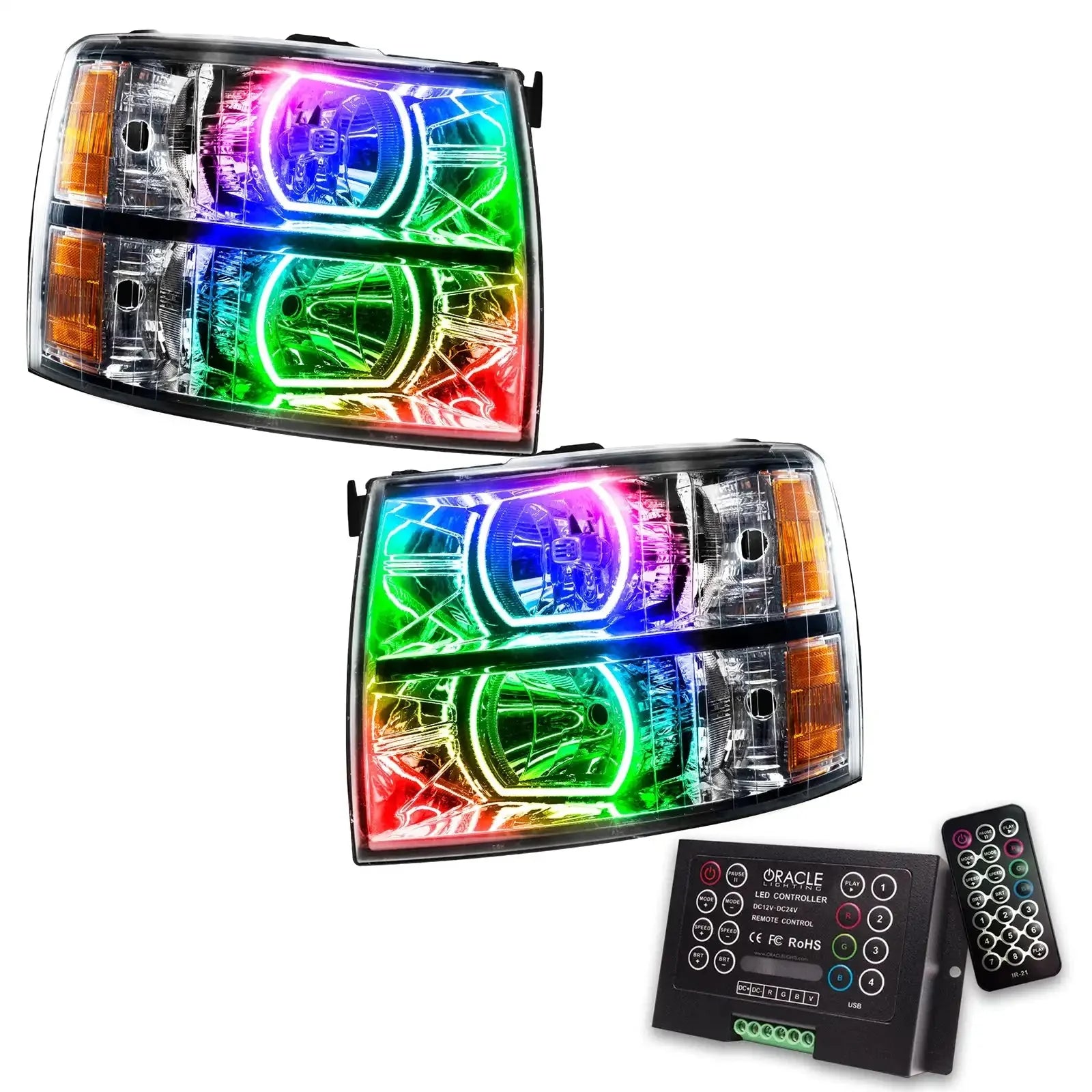 Pair of LED RGB halo headlights for trucks with color-changing controller and remote