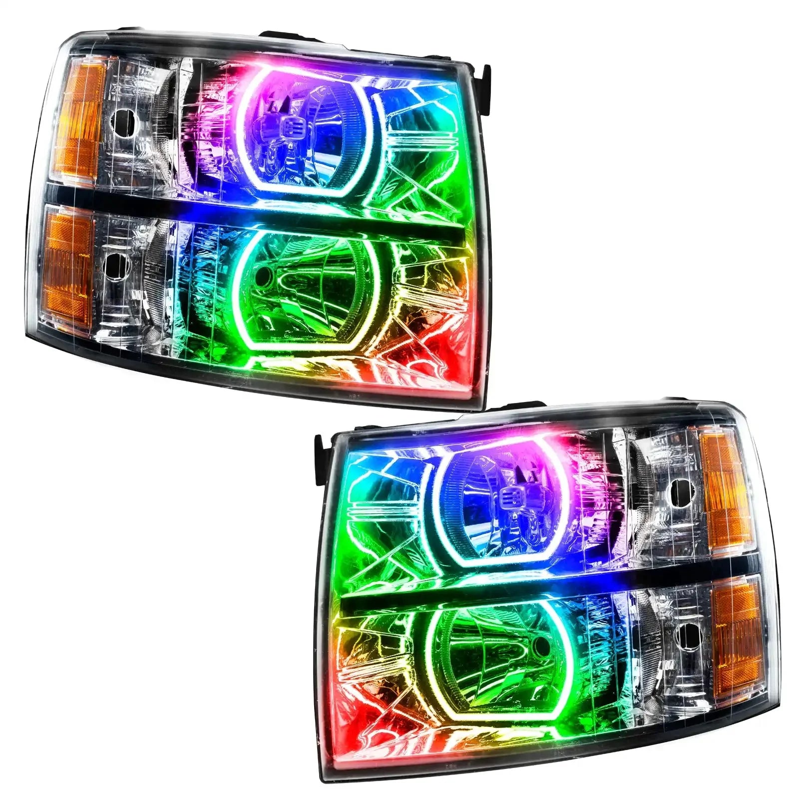Pair of multicolor LED halo projector headlights for off-road vehicles or trucks