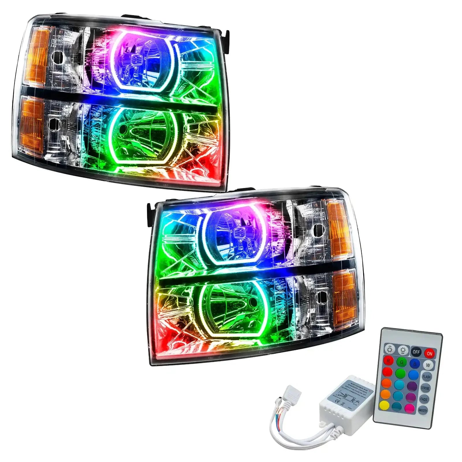 Pair of multi-color LED halo projector headlights for trucks with remote control