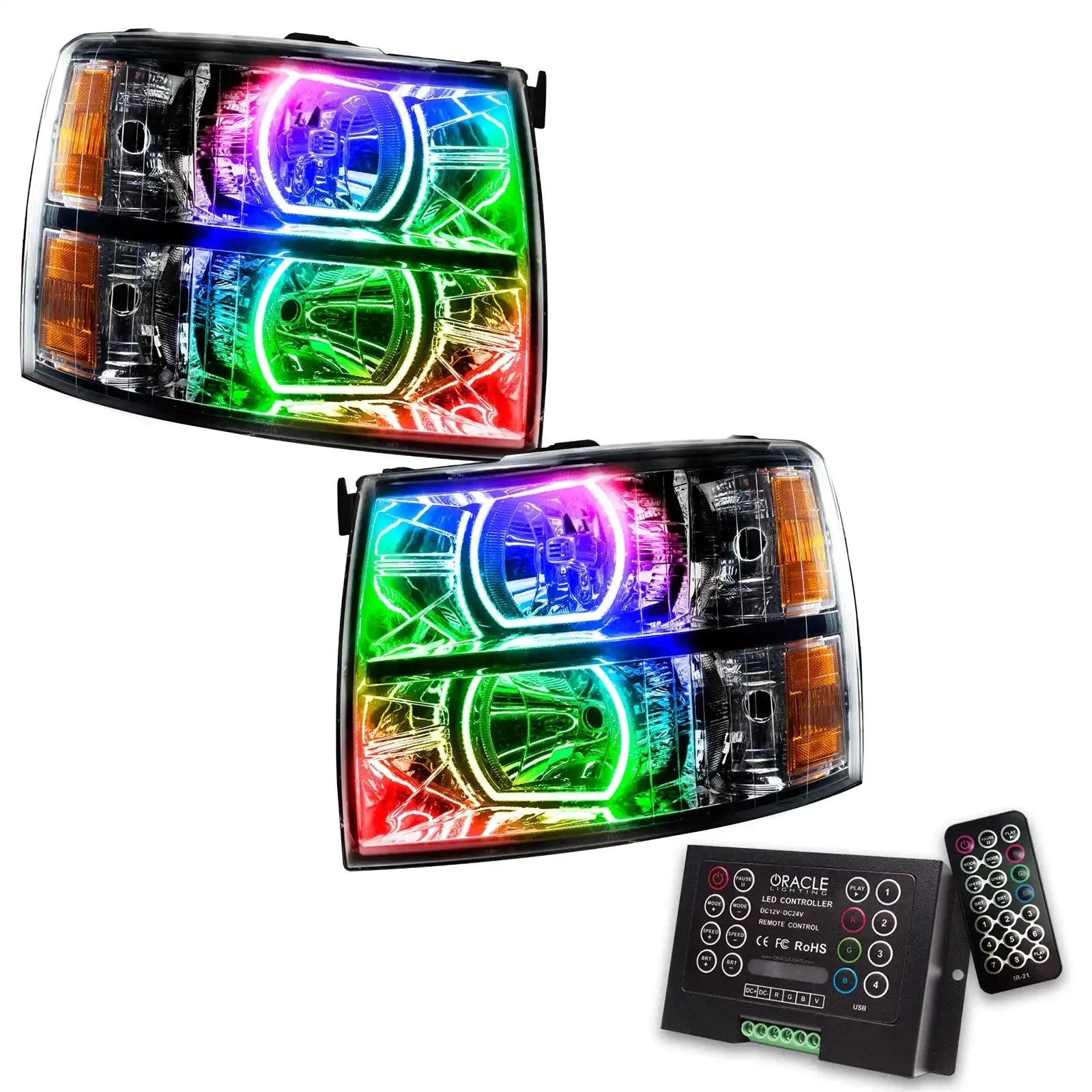 Pair of multi-color LED projector headlights with remote and controller, shown on white background