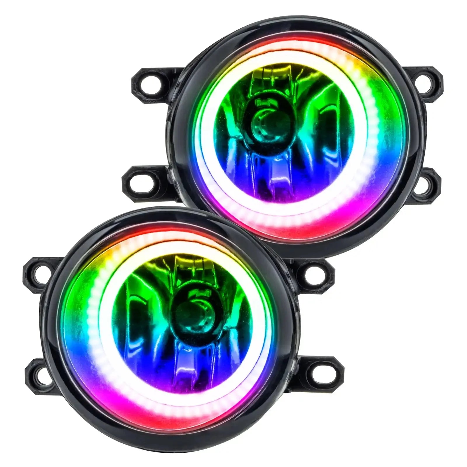 Pair of round RGB LED halo fog lights for trucks and off-road vehicles