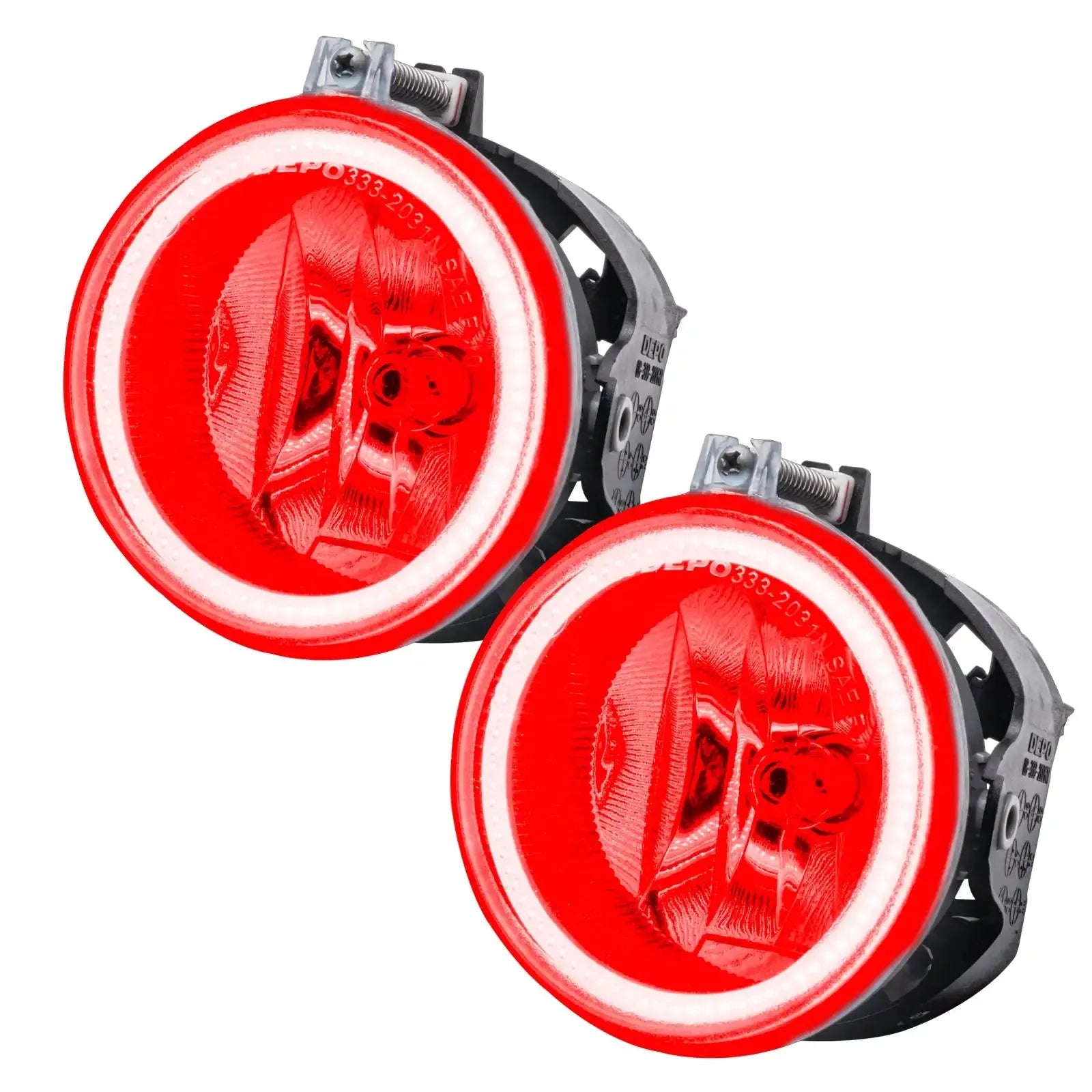 Pair of round red LED halo fog lights with mounting brackets, suitable for off-road vehicles