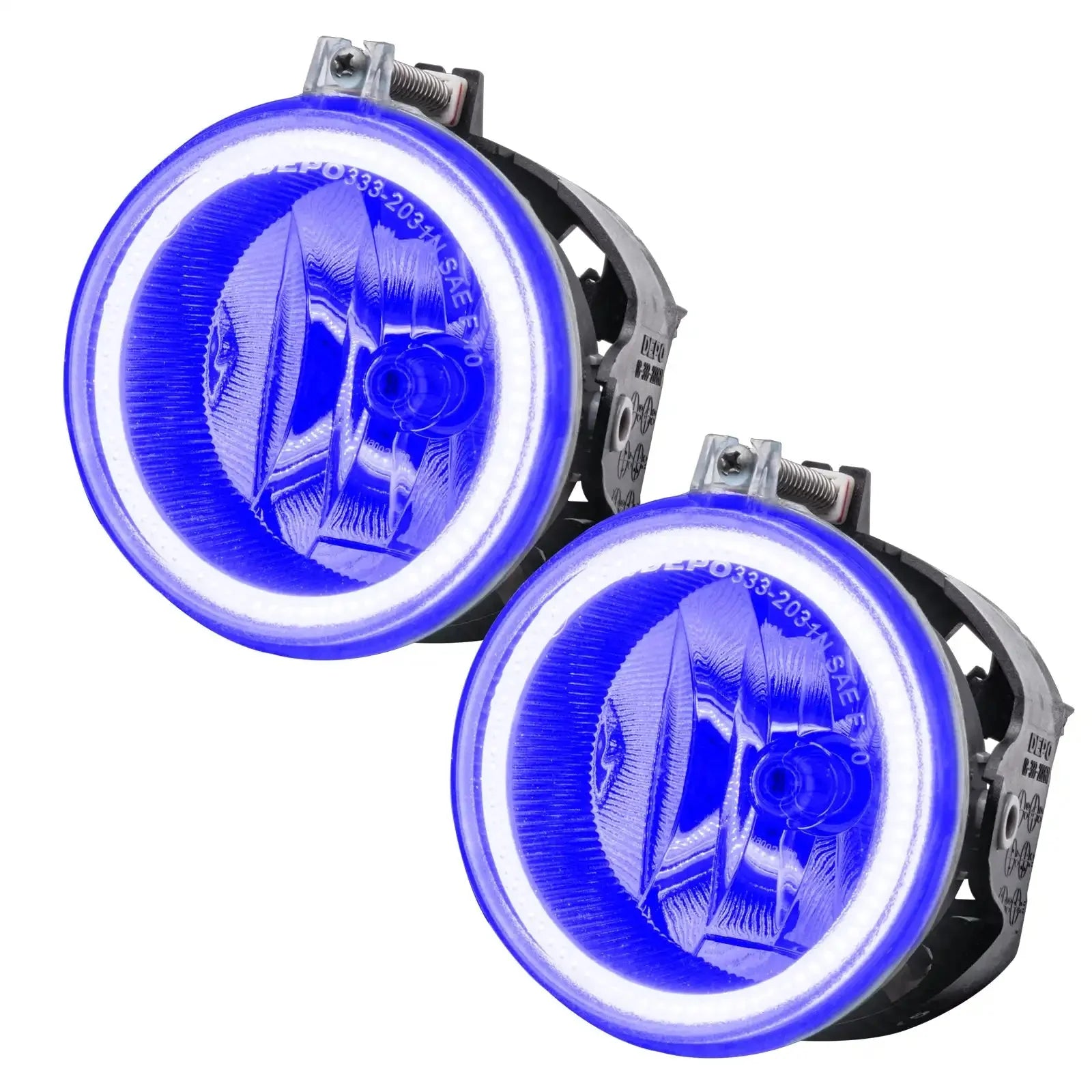 Pair of round blue LED halo fog lights for off-road or overlanding vehicles