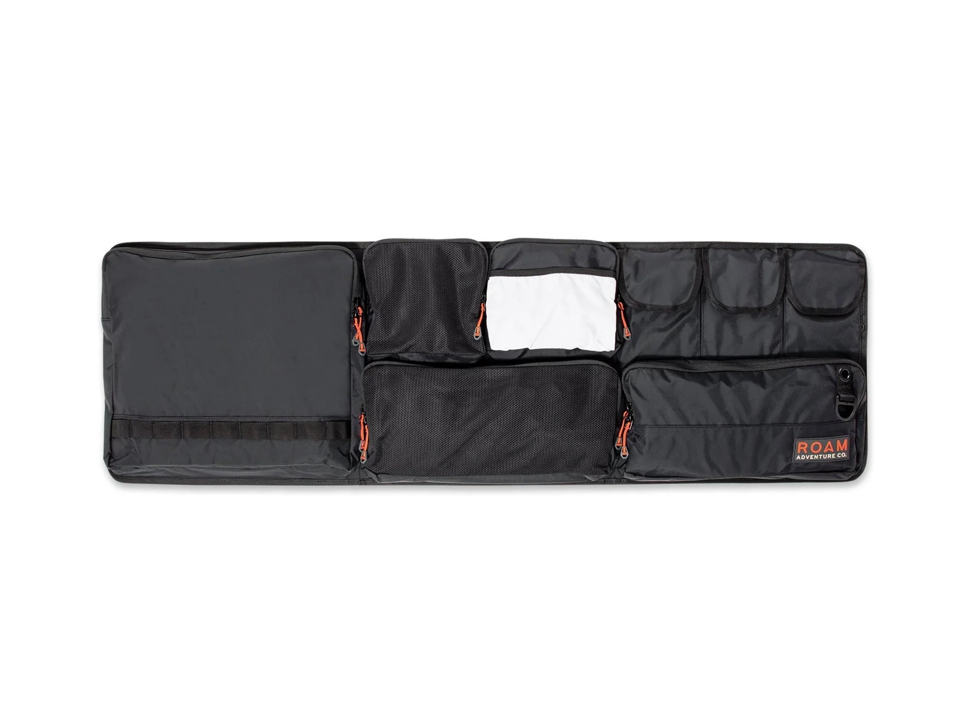 Black overland gear organizer with multiple zippered pockets, ideal for expedition camping.