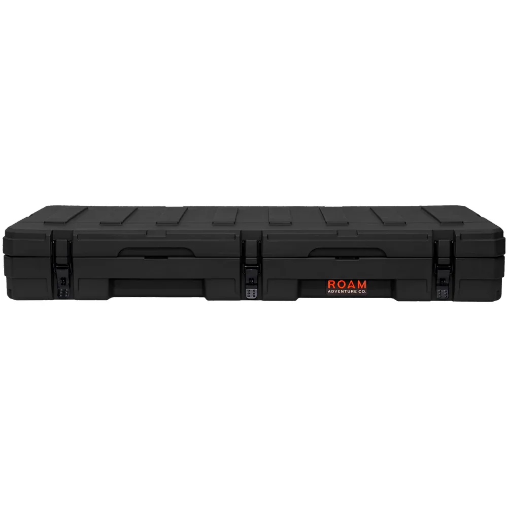 Black overland rooftop storage case with secure latches and rugged design