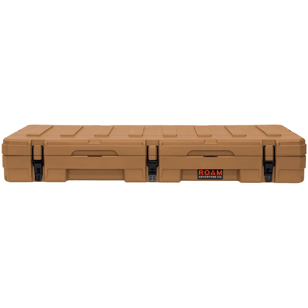 Tan overland storage case with secure latches, ideal for expedition camping gear