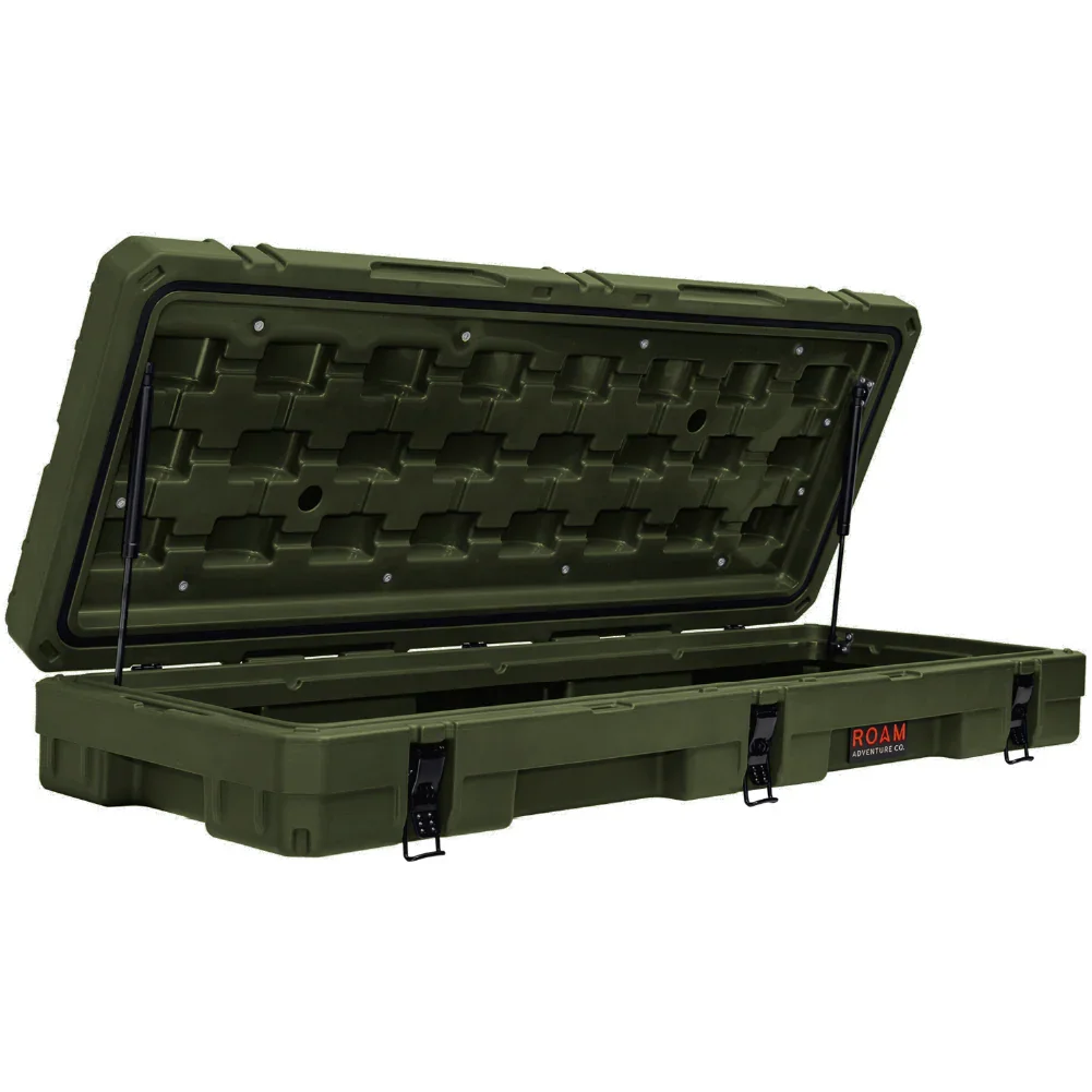 Olive green rooftop cargo storage case with open lid, rugged design for overlanding vehicles