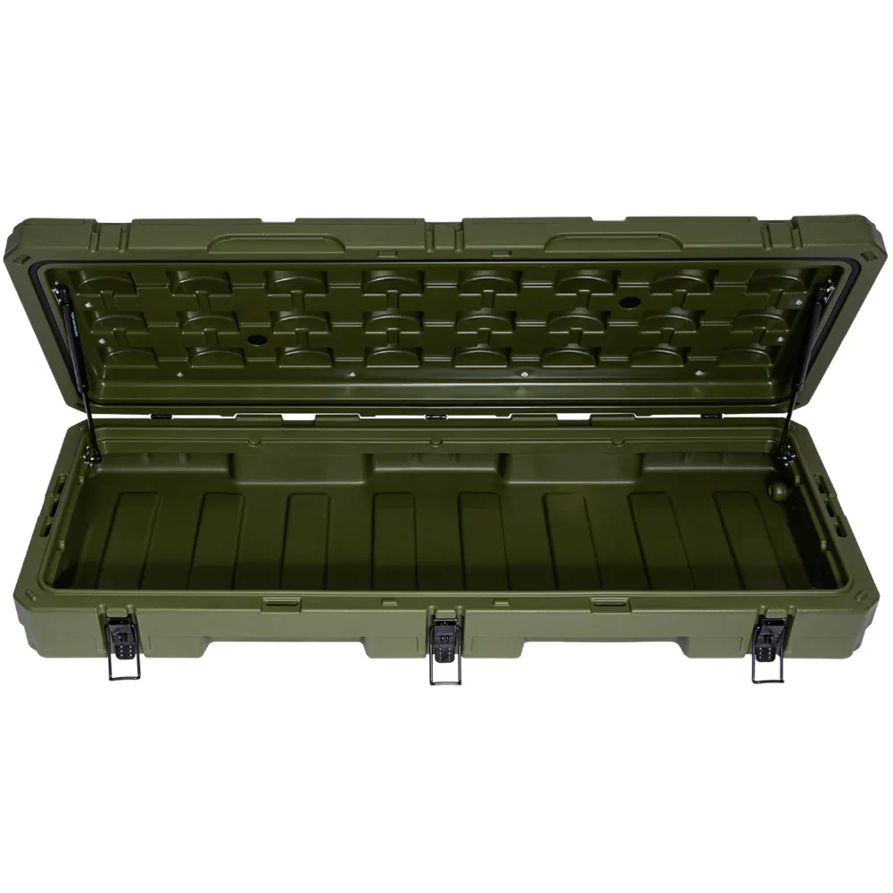 Open olive green heavy-duty storage case with latches for overlanding gear