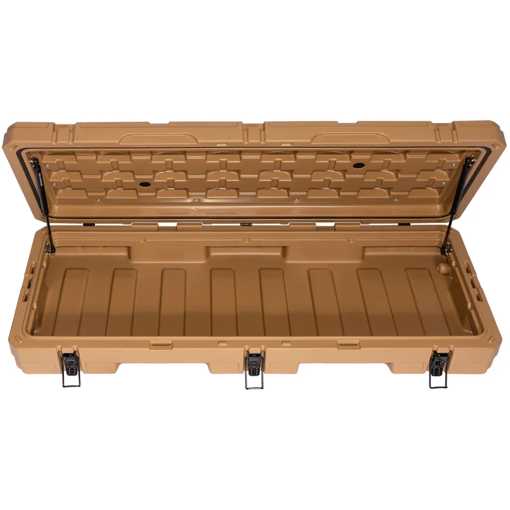 Tan heavy-duty rooftop cargo storage box for overlanding, open and empty