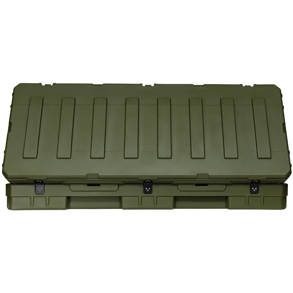 Olive green overland rooftop cargo storage box with heavy-duty latches, closed lid