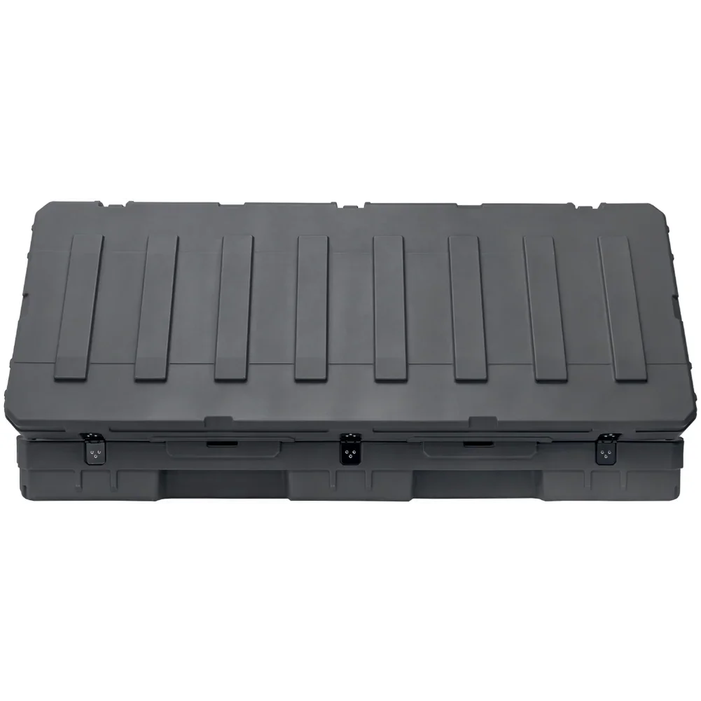 Heavy-duty black rooftop cargo storage box for overlanding and expedition vehicles
