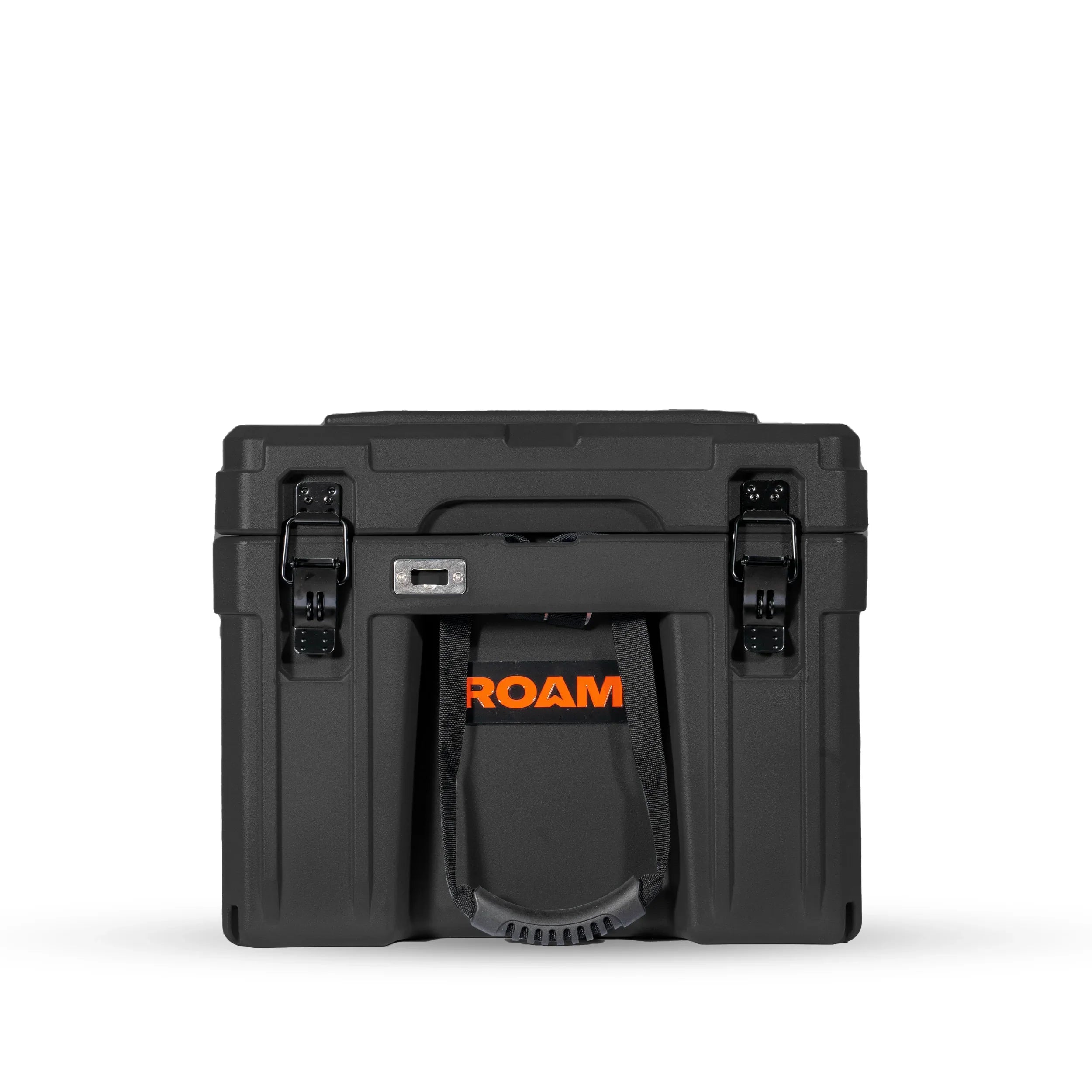 Black hard storage case for overlanding with secure latches and 'ROAM' orange branding