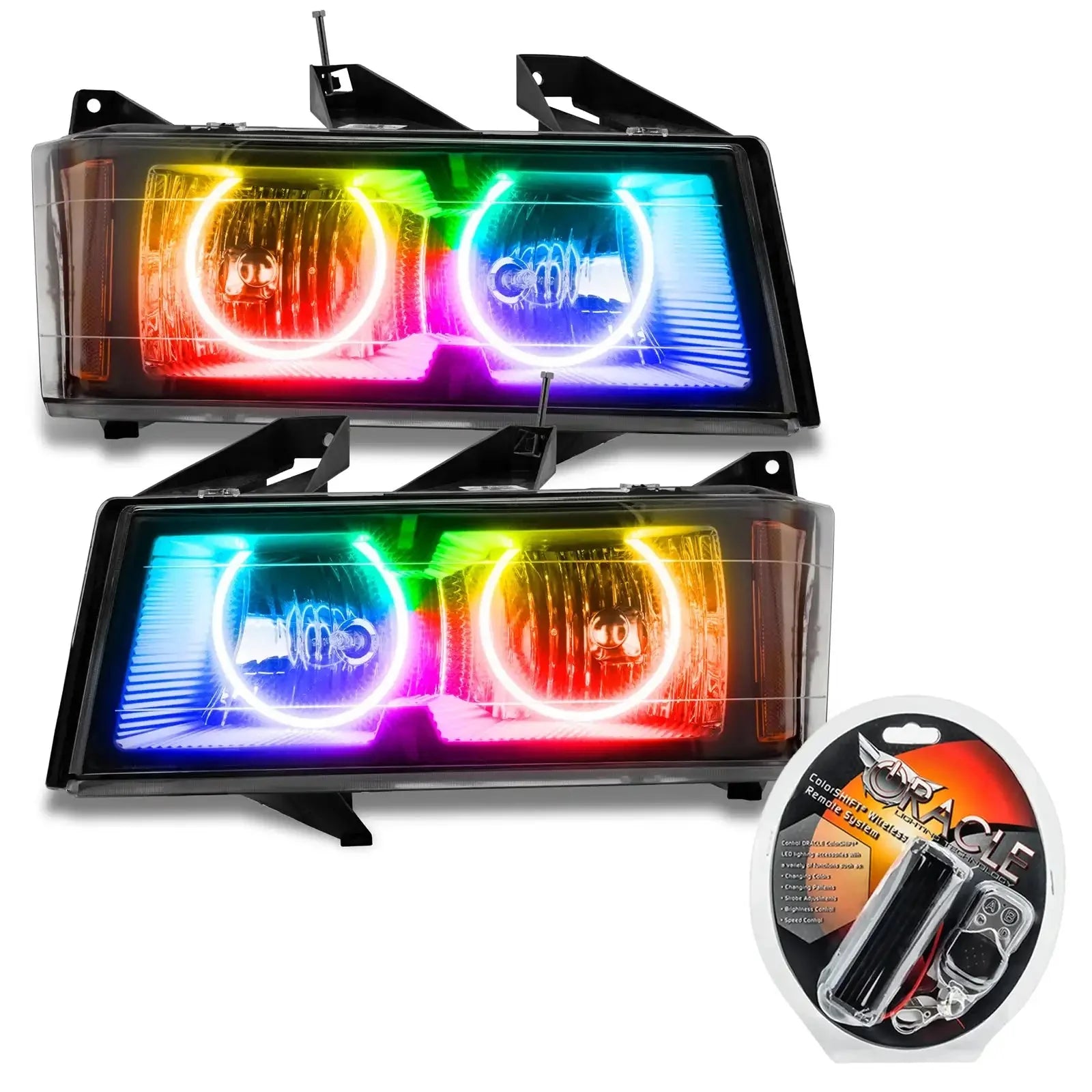 Color-changing LED halo headlights kit with remote for Toyota Tacoma, shown with vibrant RGB lights.