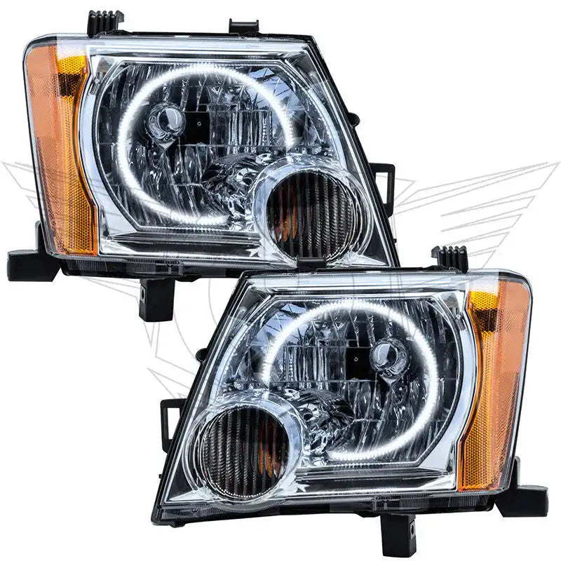 2005-2014 Nissan Xterra Pre-Assembled LED Halo Headlights with white LED halo rings.