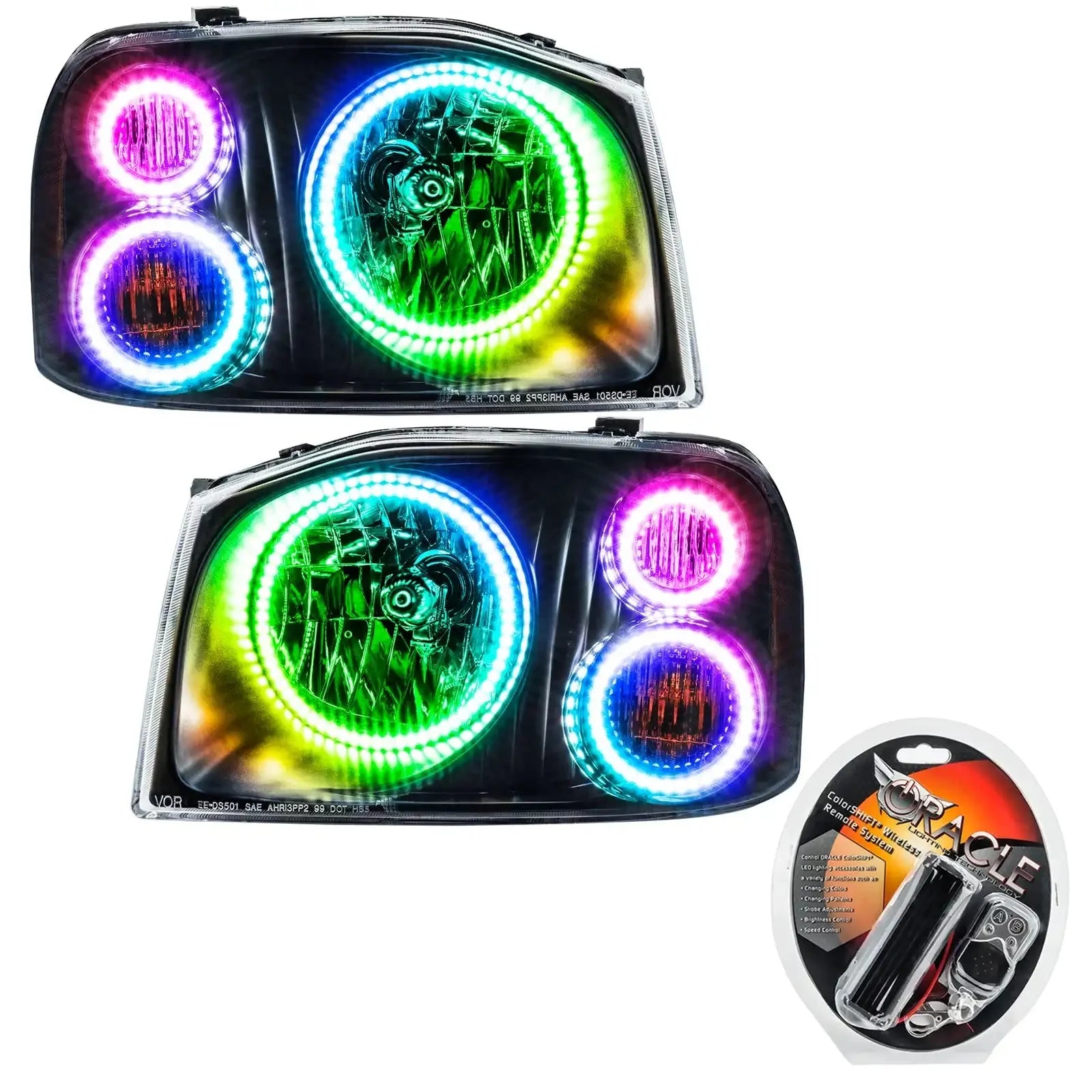 2001-2004 Nissan Frontier Pre-Assembled Halo Headlights-Triple Halos with RF Controller.