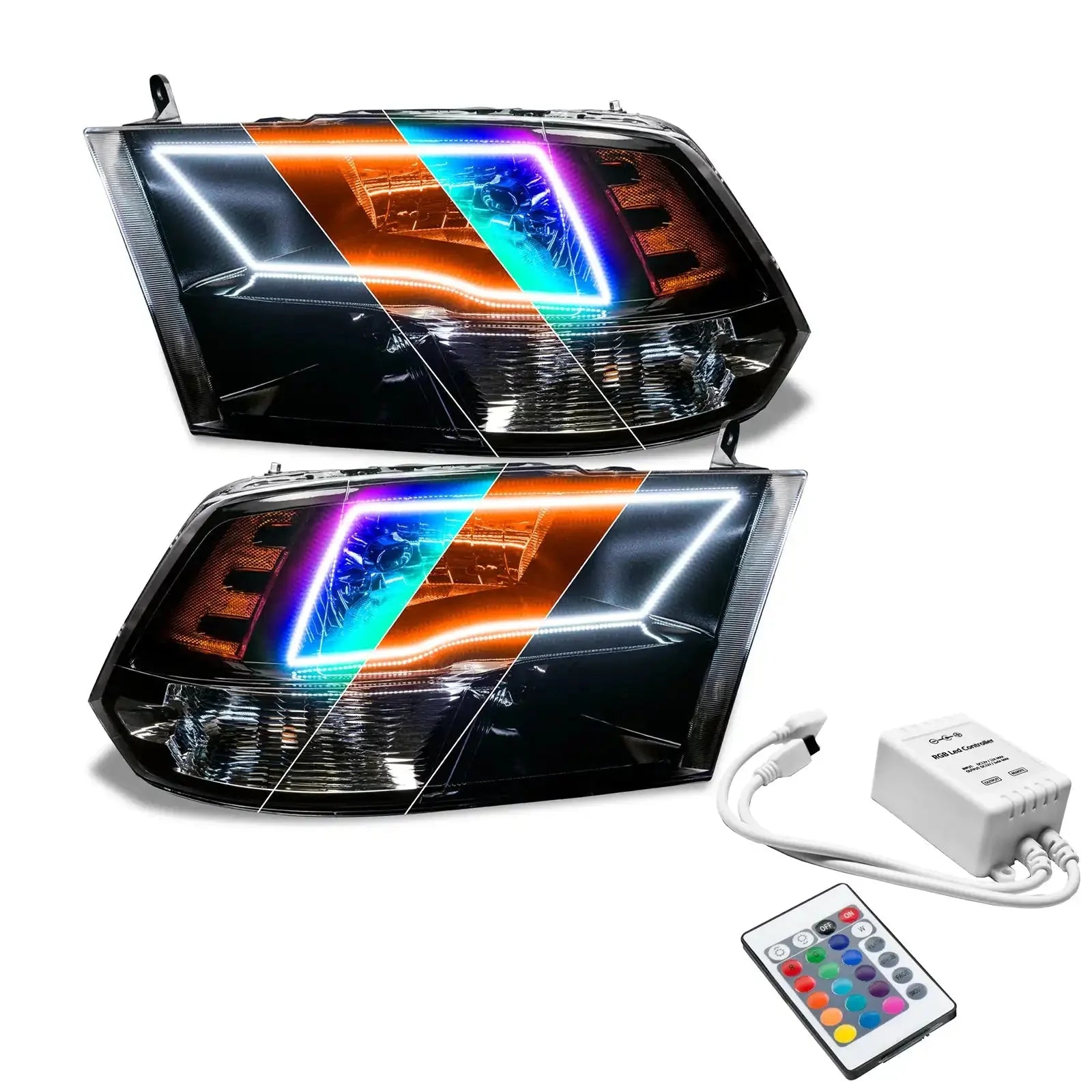 Pair of LED RGB halo headlights with remote control for off-road vehicles