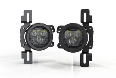 Pair of round LED fog lights with black mounting brackets for off-road vehicles