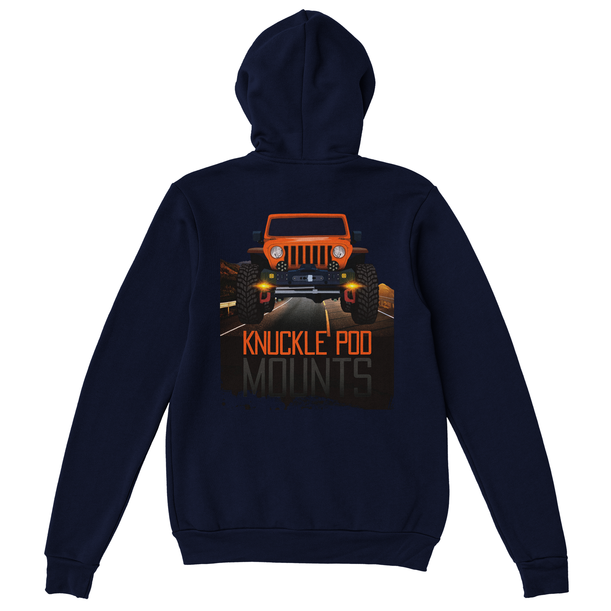 Navy hoodie with graphic of orange off-road Jeep, text 'Knuckle Pod Mounts', overland gear theme